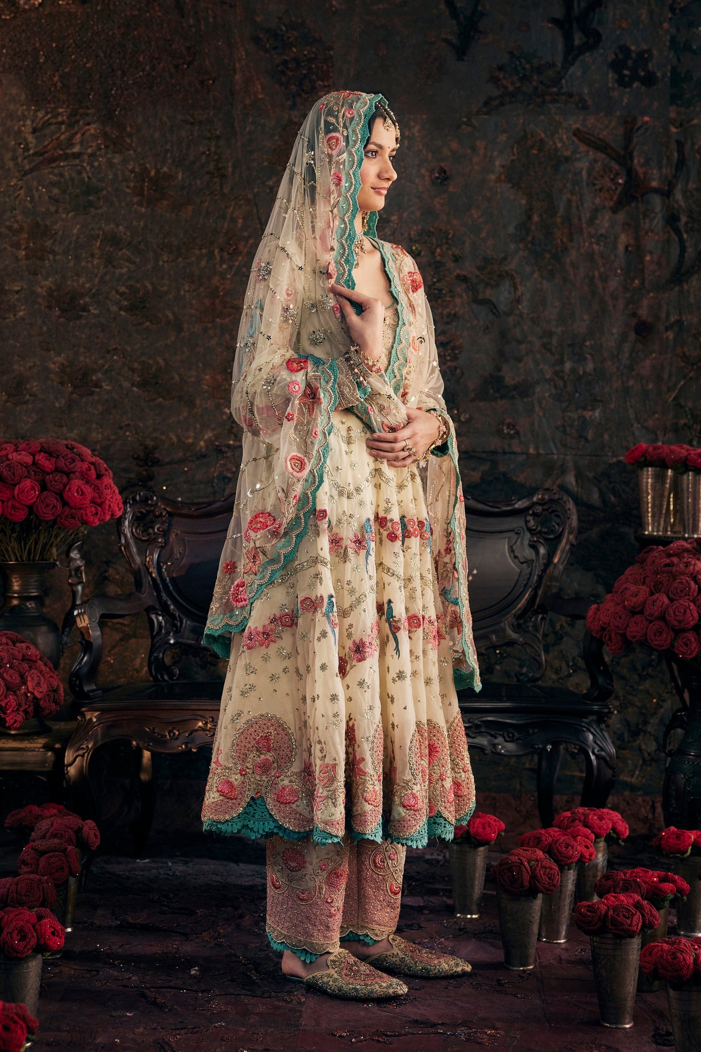 Ivory Embroidered Kalidar Set