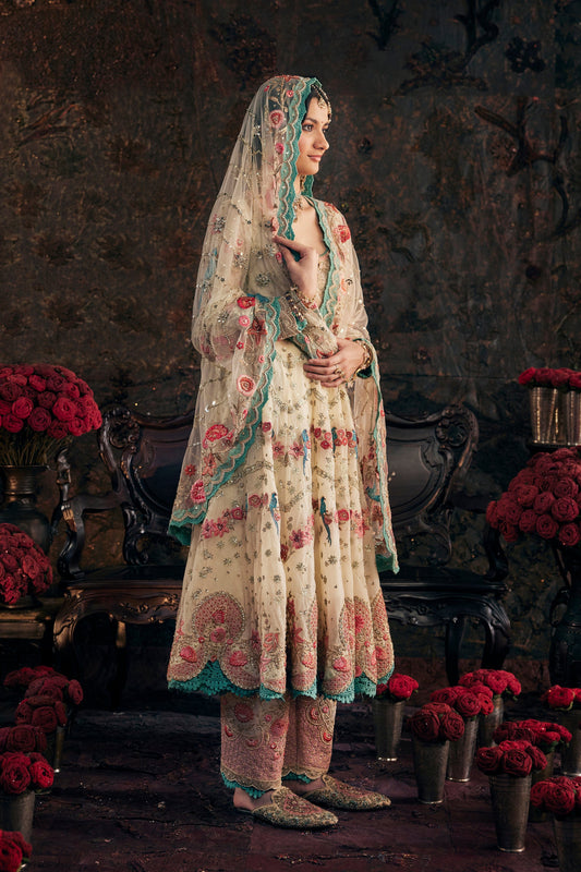 Ivory Embroidered Kalidar Set