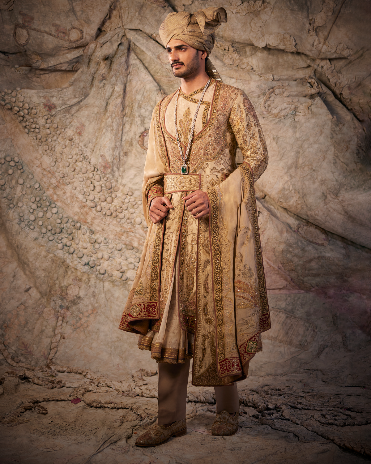 Fawn & Old Gold Embroidered Choga Set