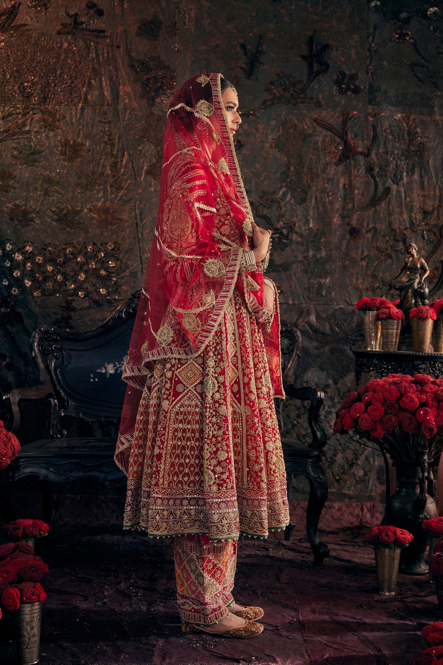 Scarlet Red Embroidered Kalidar Set