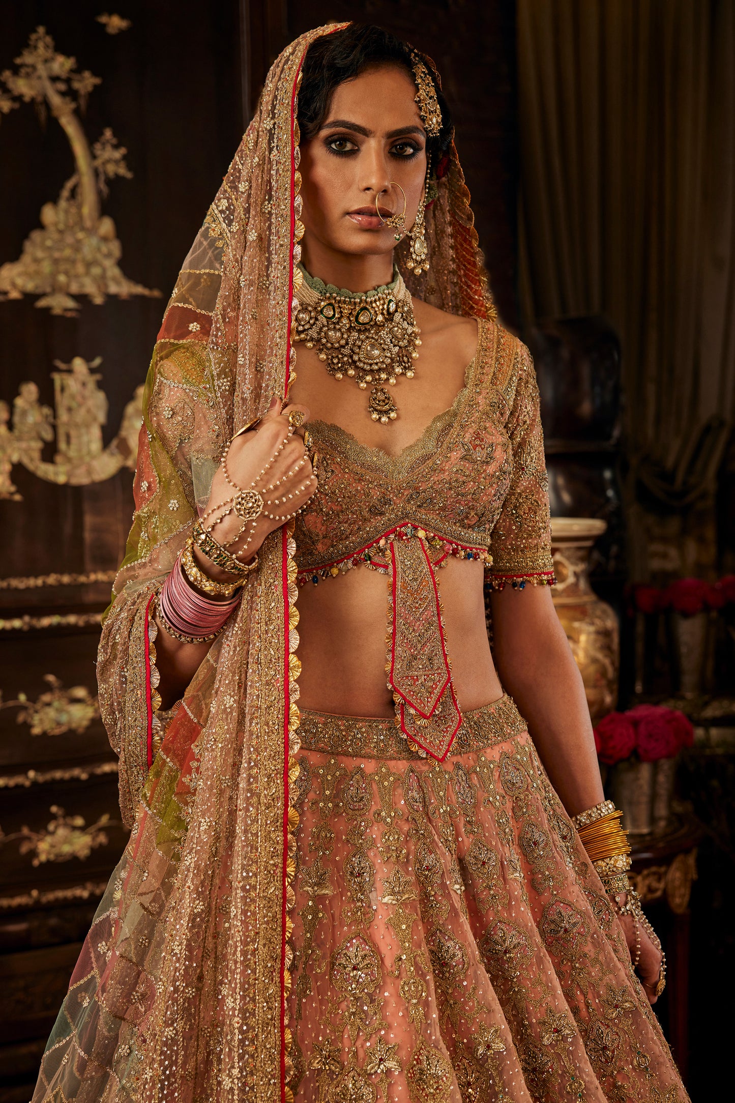 Peach Pink Peacock Lehenga