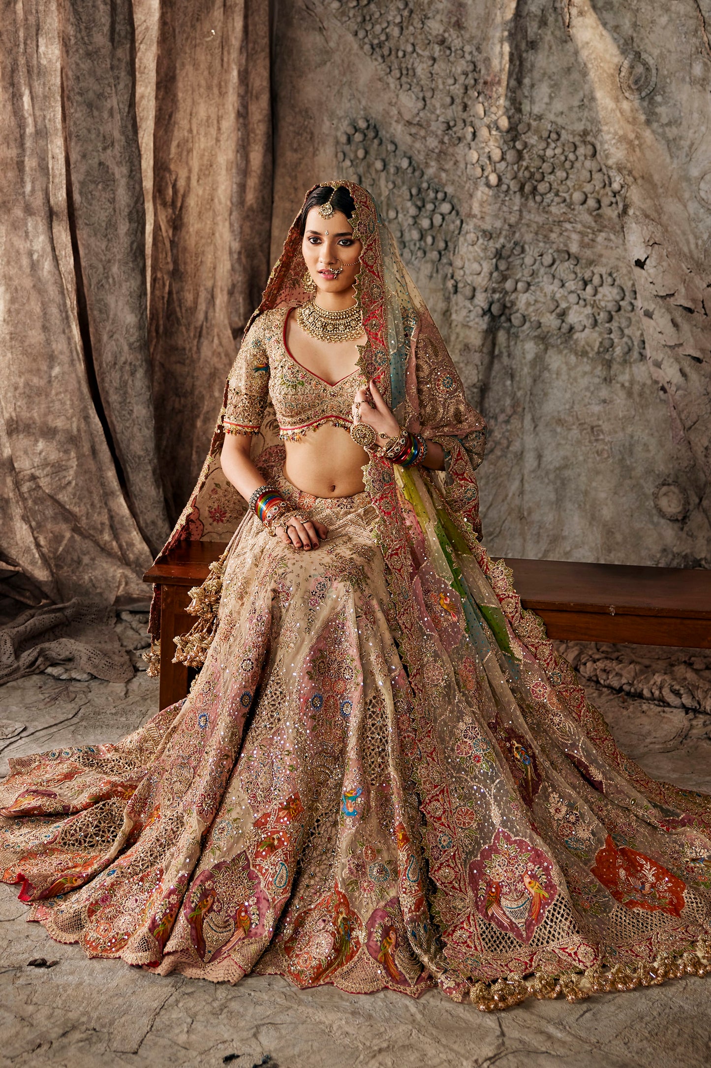 Ivory Mughal-Inspired Embroidered Tulle Lehenga
