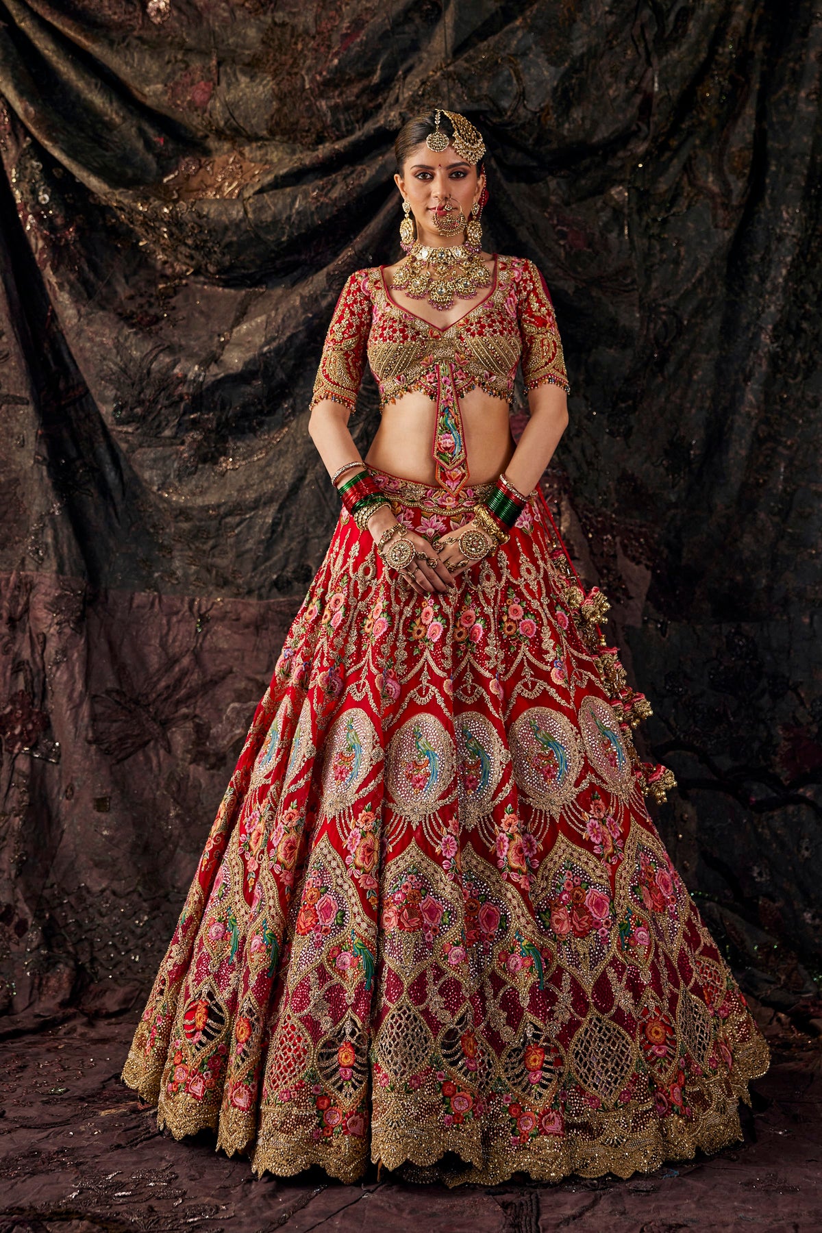 Crimson Floral Embroidered Lehenga