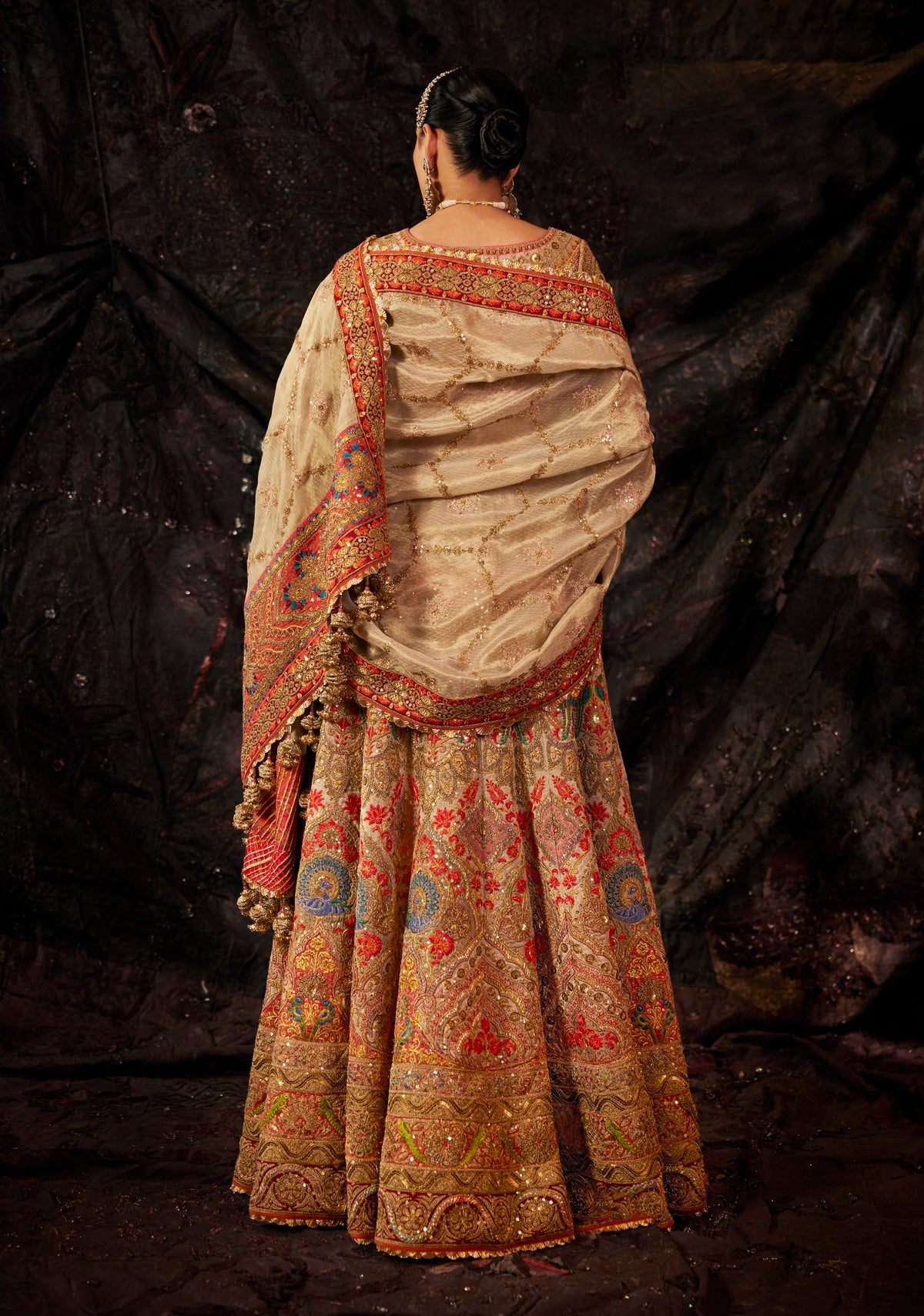 Antique Gold & Vermilion Embroidered Lehenga