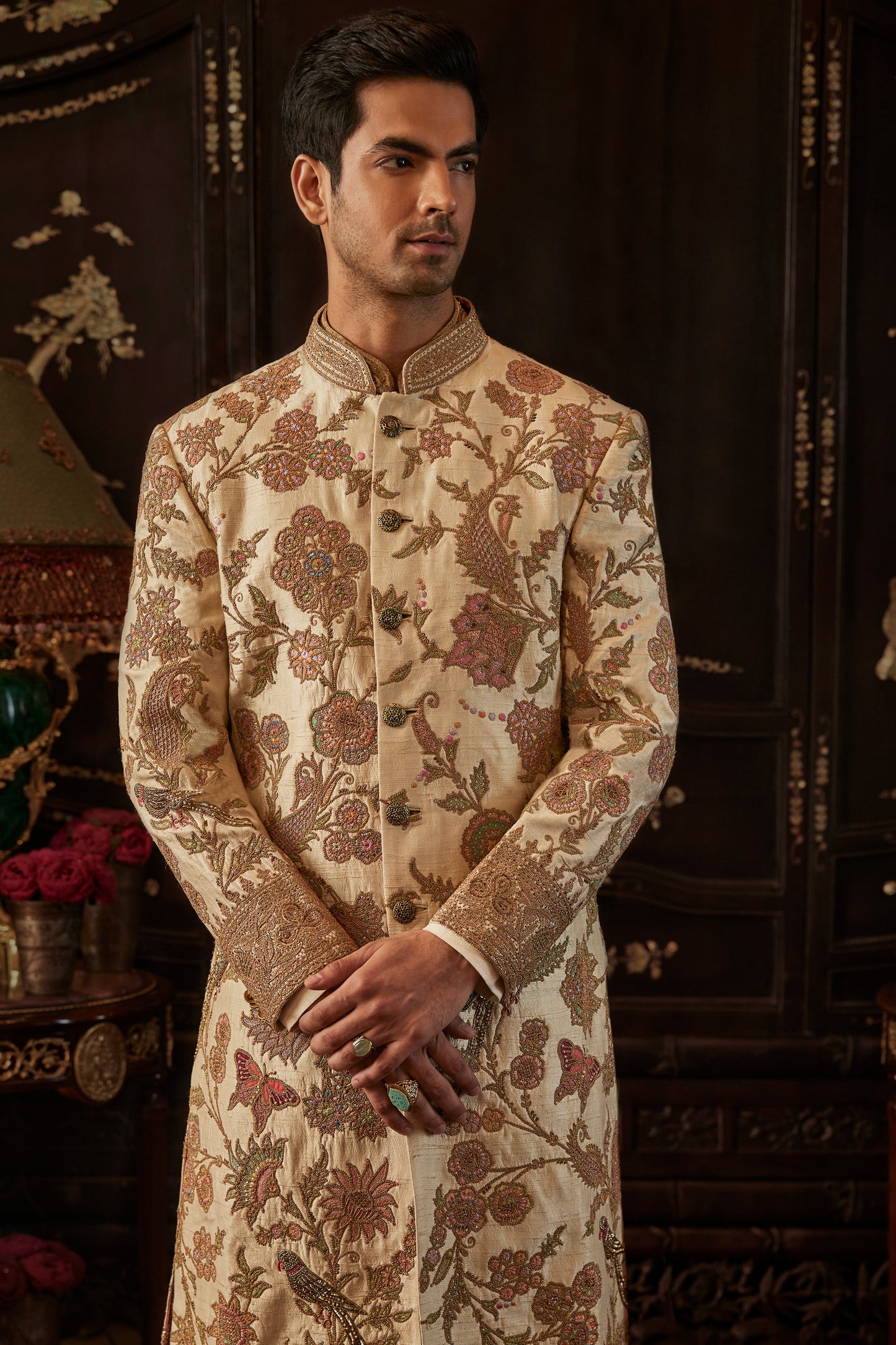 Pale Ivory Silk Sherwani