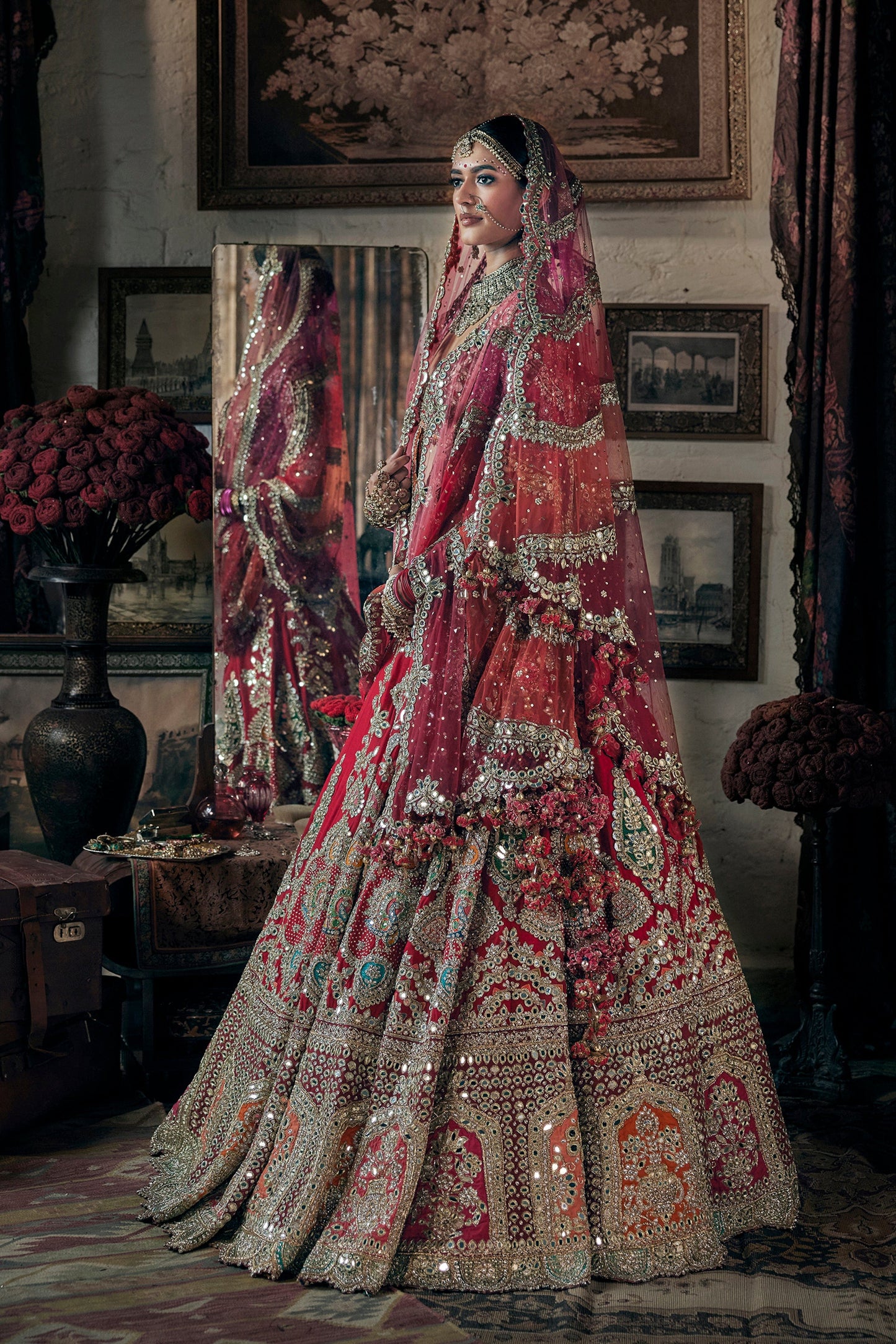 Vivid Red Embroidered Lehenga