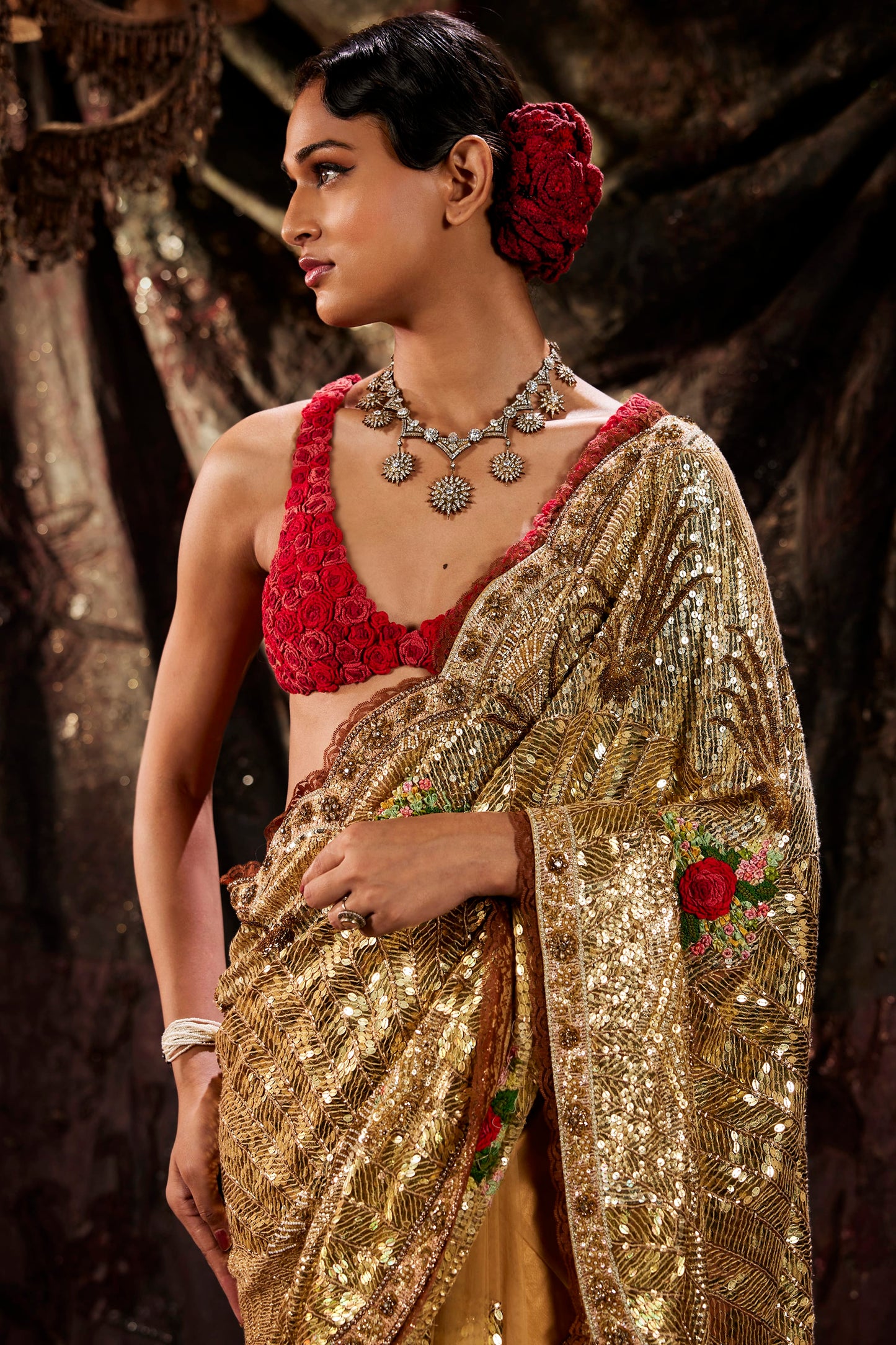 Golden Art Deco Embellished Tulle Saree