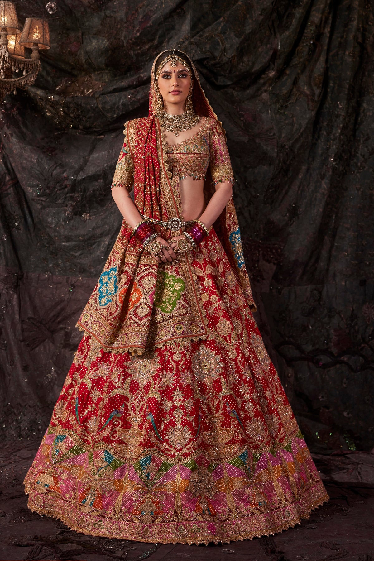 Deep Red Floral Embroidered Lehenga