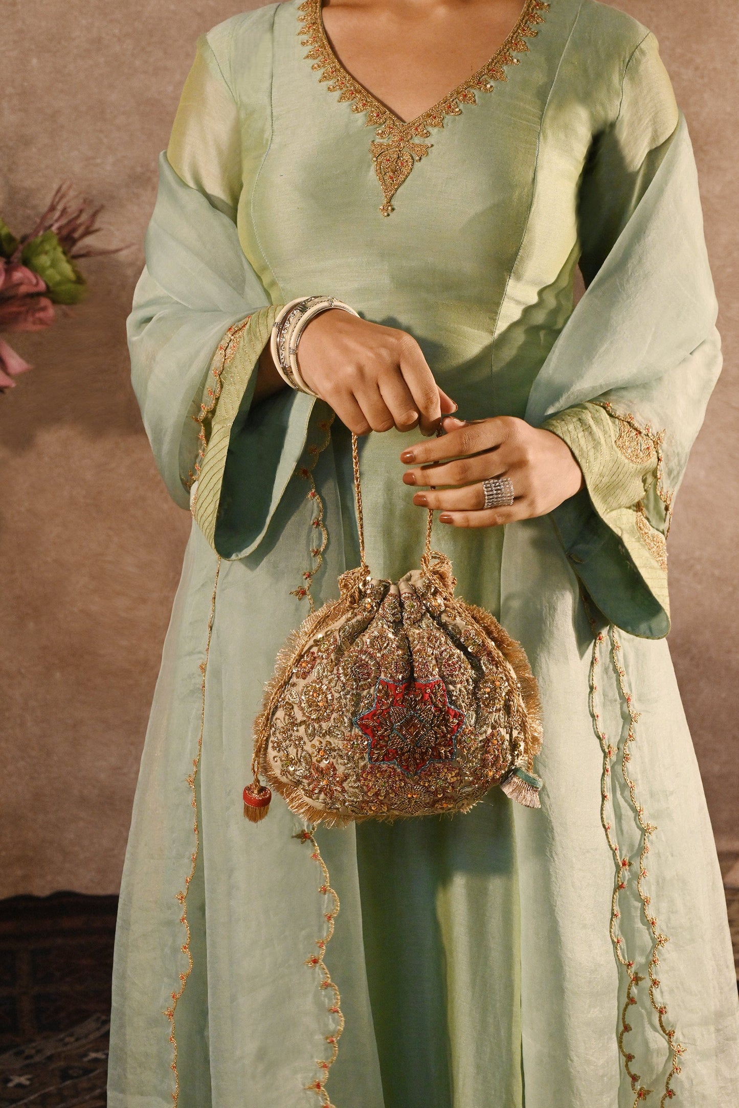 Khaki‑Maroon Naqsh Noor Potli