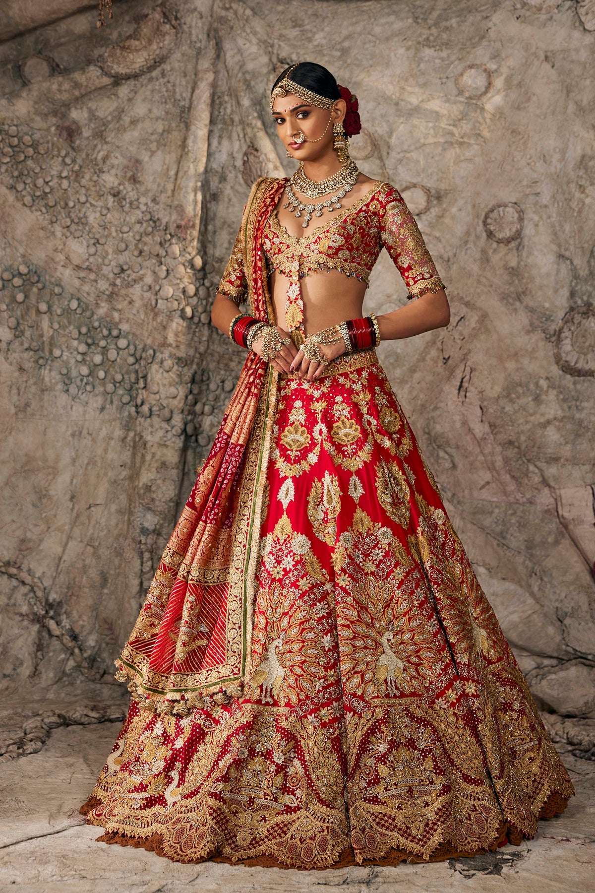 Red & Antique Gold Embroidered Lehenga