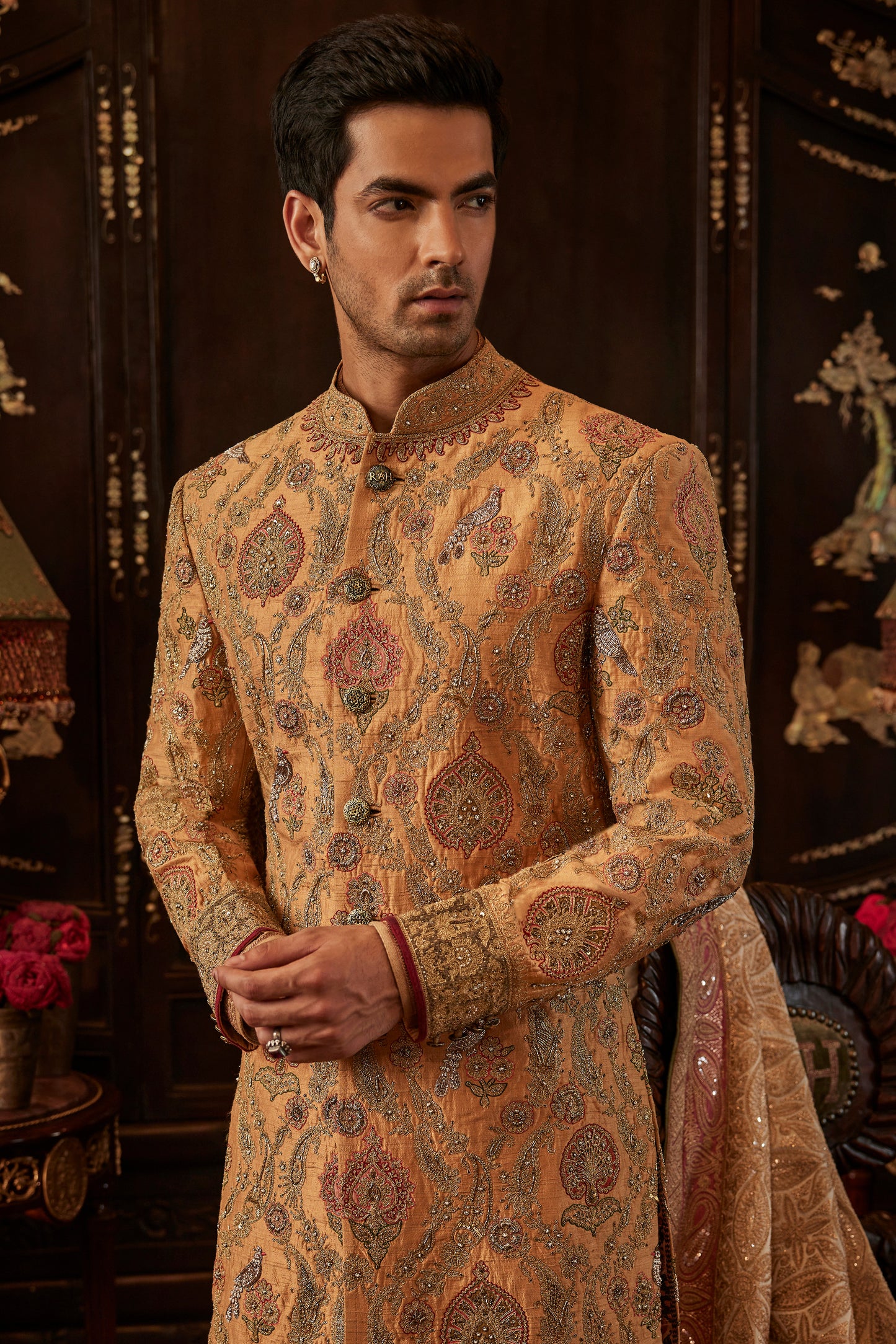 Mustard Hued Silk Sherwani