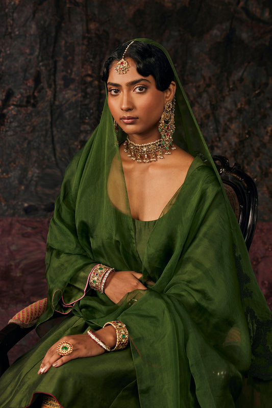 Deep-Green Silk Kalidar Kurta Set