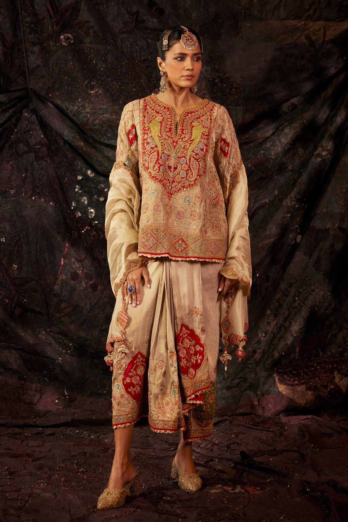 Pale Gold Embroidered Lungi Set