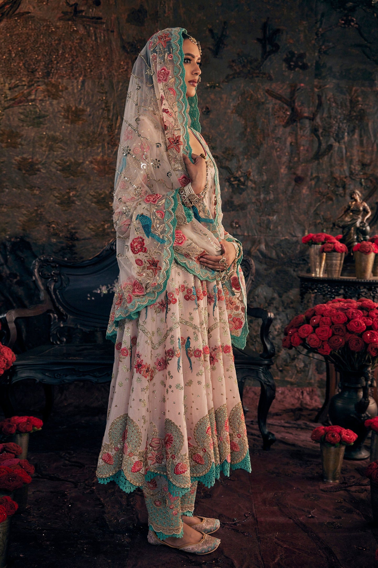 Pink Hued Embroidered Kalidar Set