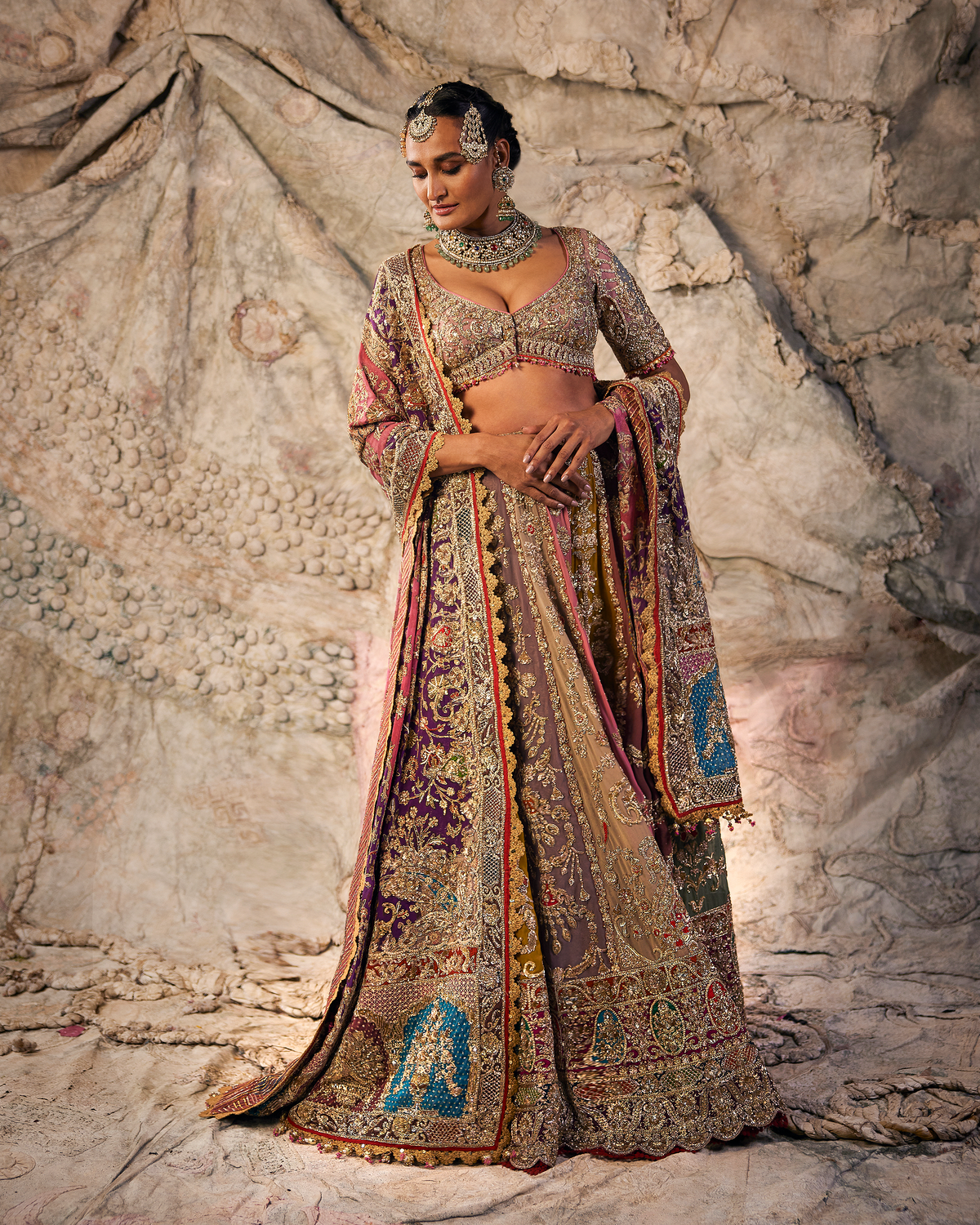 Mustard & Vintage Rose Embroidered Lehenga