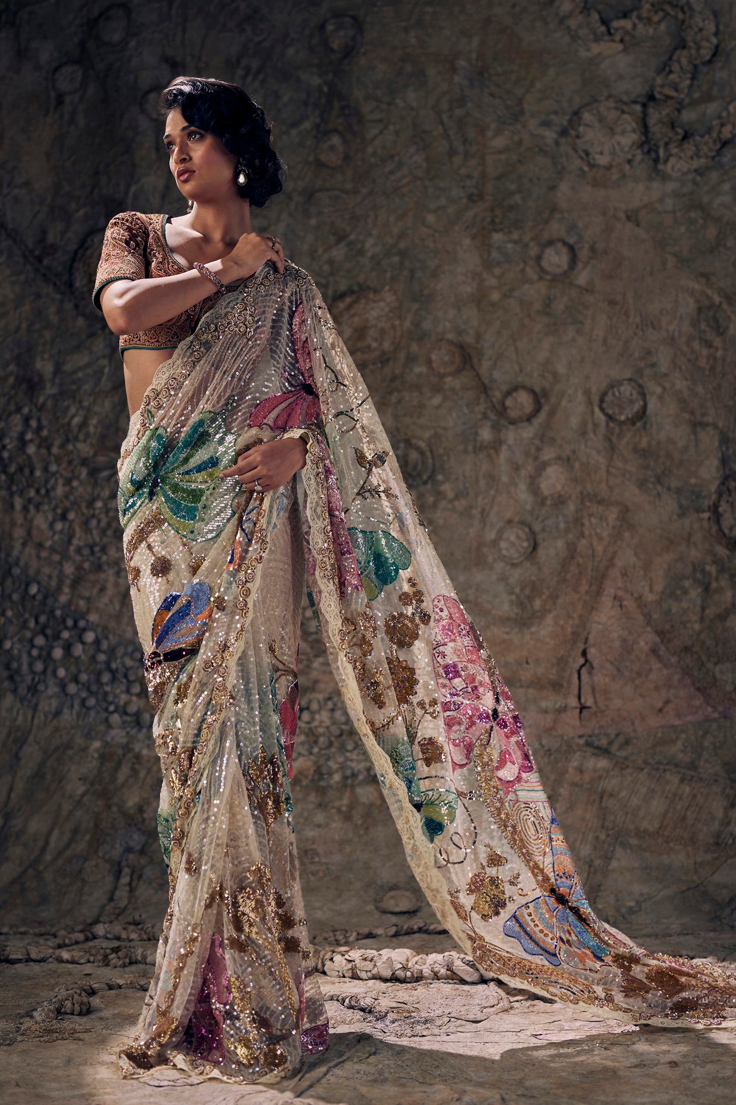 Ivory Art Deco Embroidered Tulle Saree