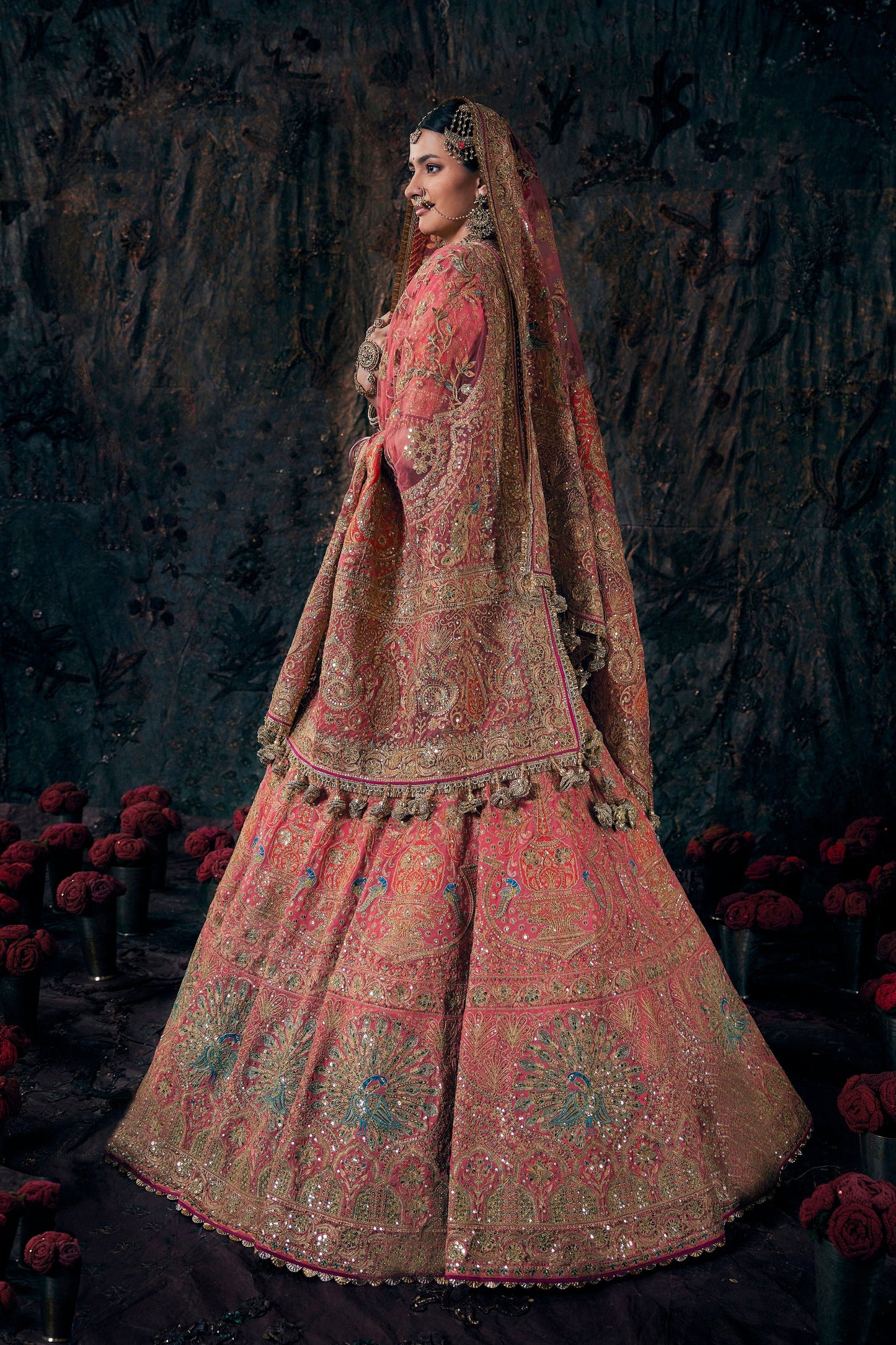 Coral Hued Embroidered Lehenga
