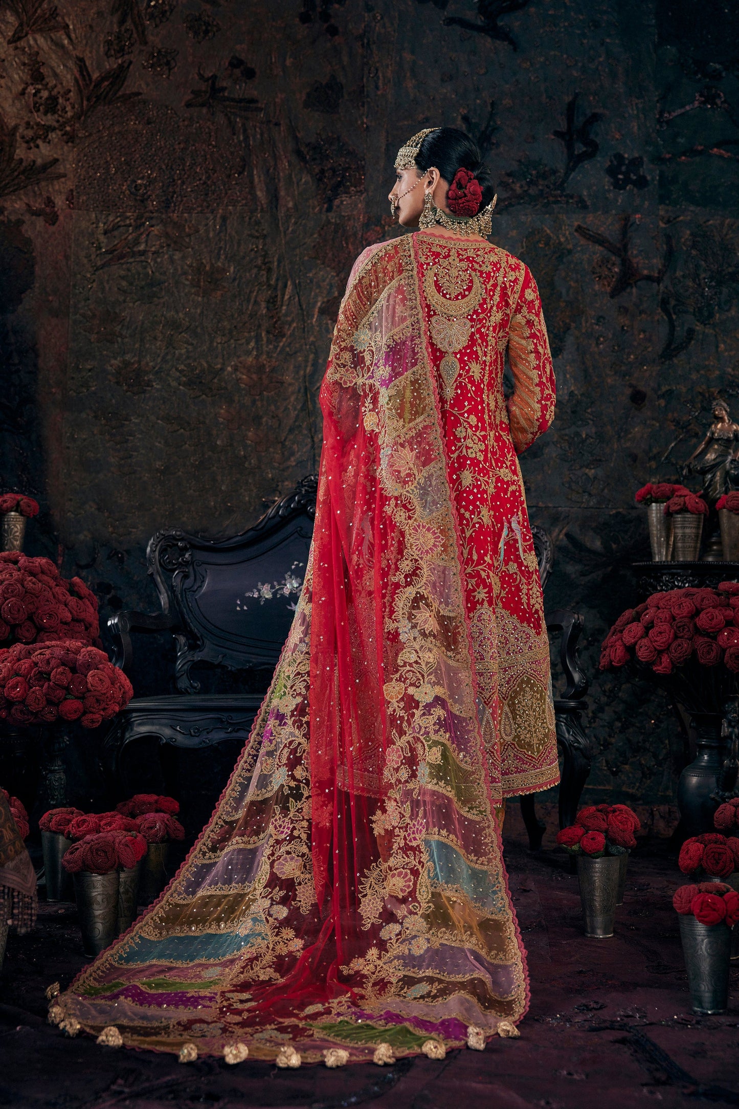 Vivid Red Embroidered Kalidar Set