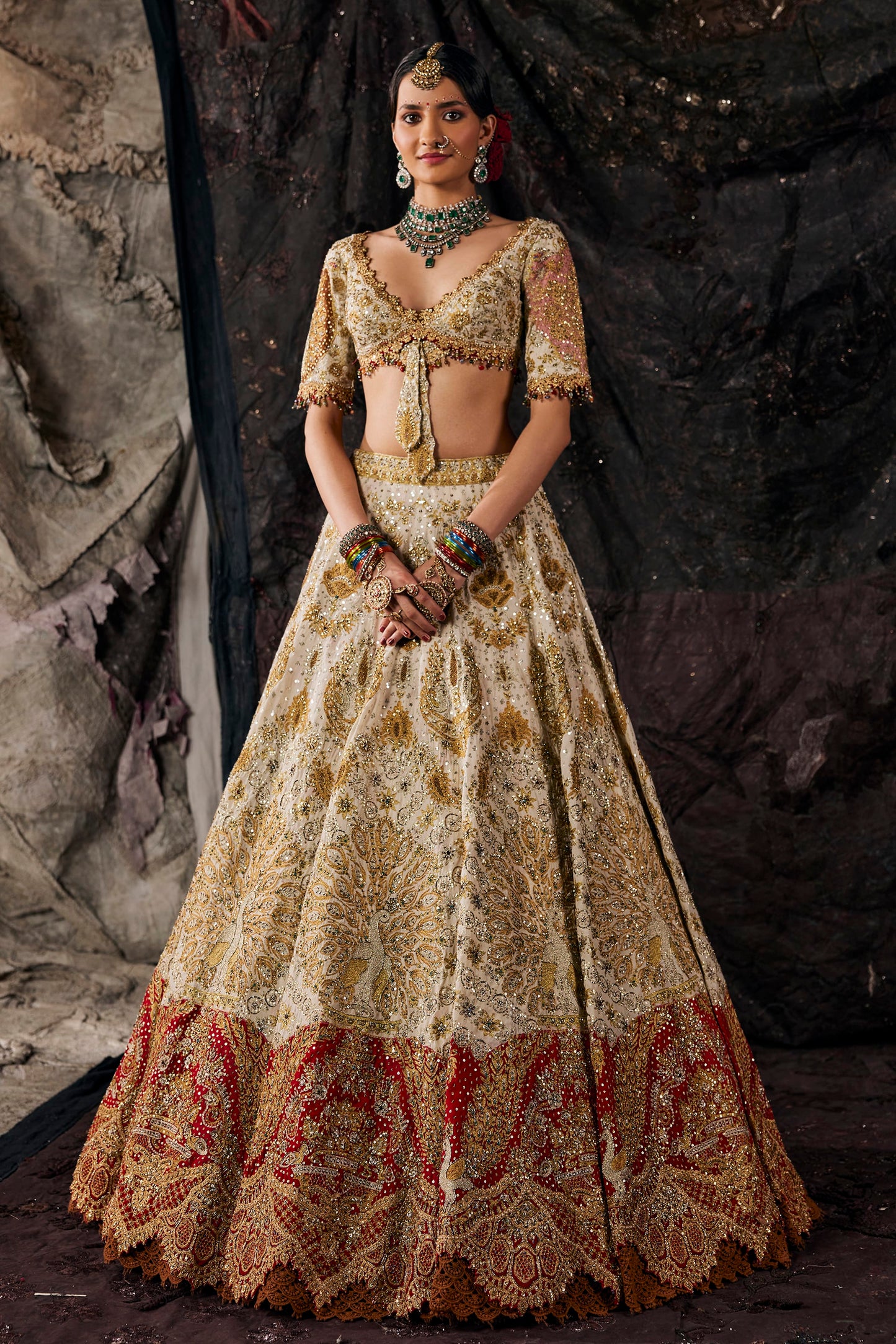 Red & Ivory Embroidered Georgette Lehenga