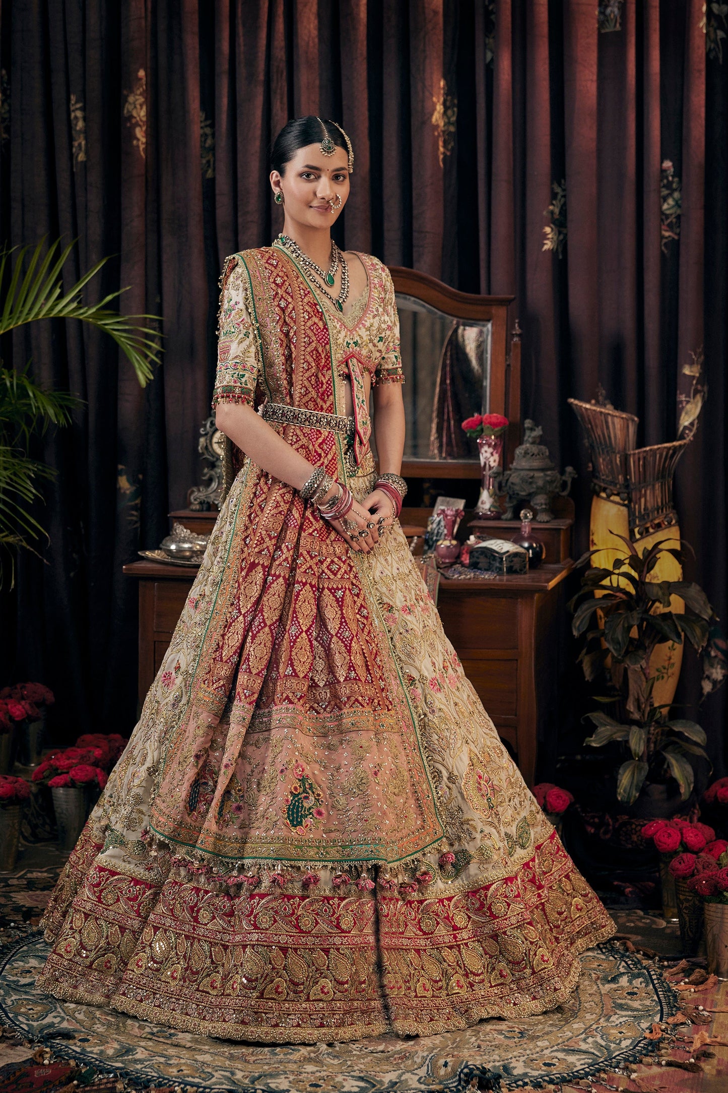Ivory And Deep Red Lehenga