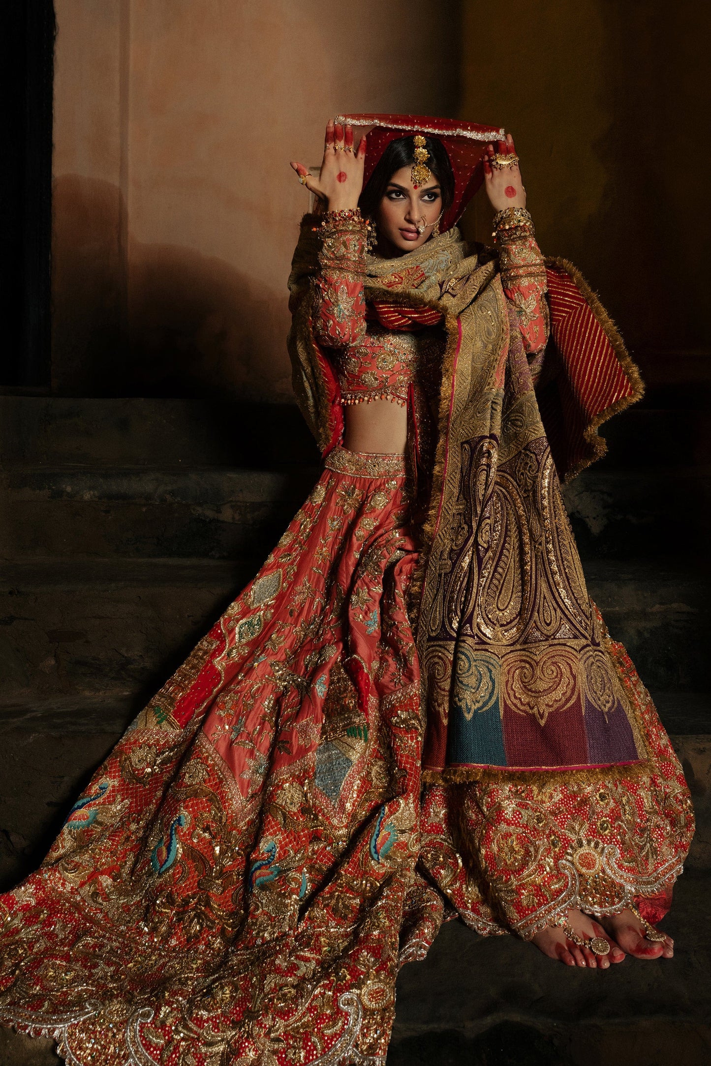 Handcrafted Earthy Coral Hued Lehenga
