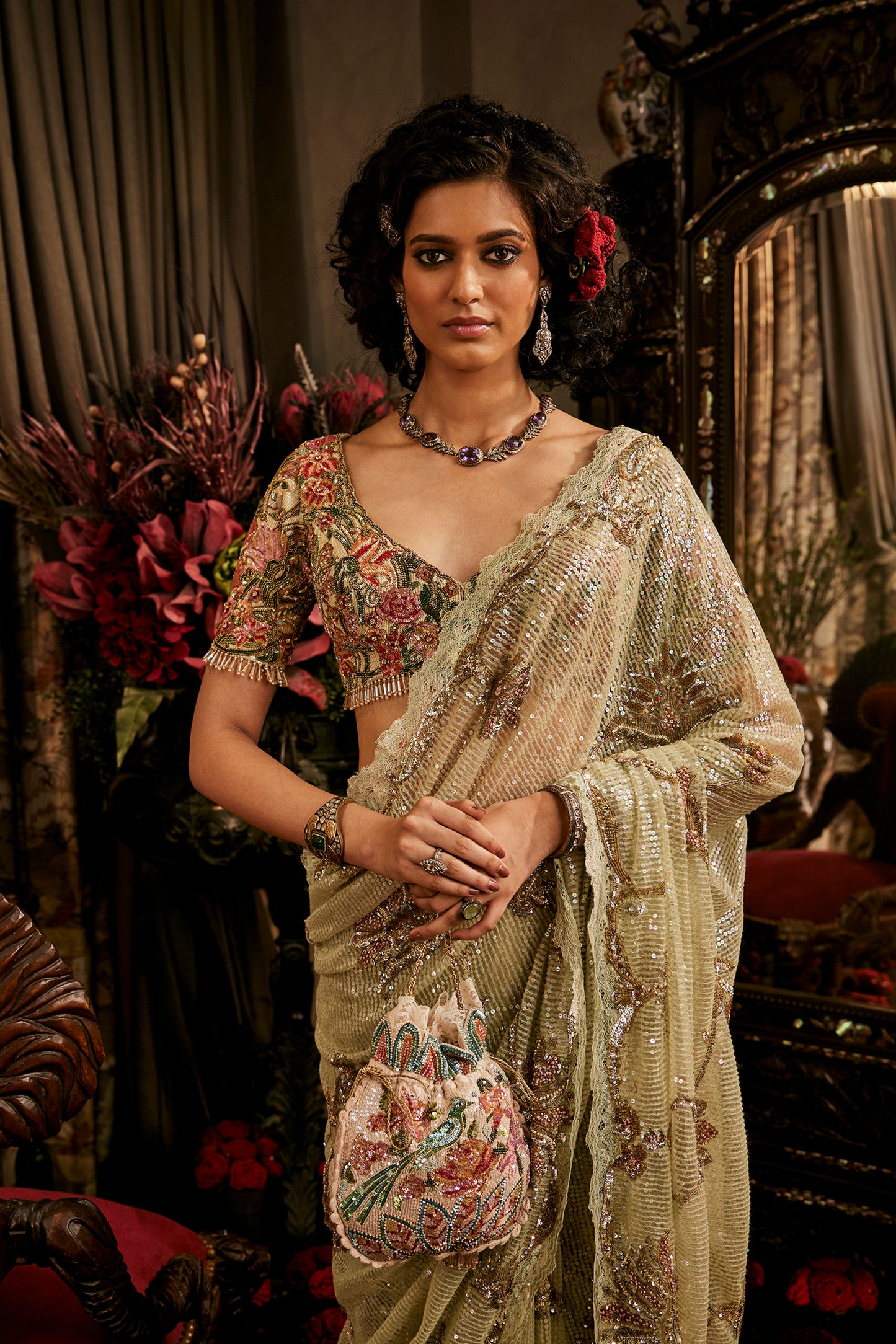 Pale Frosted Green Tulle Saree