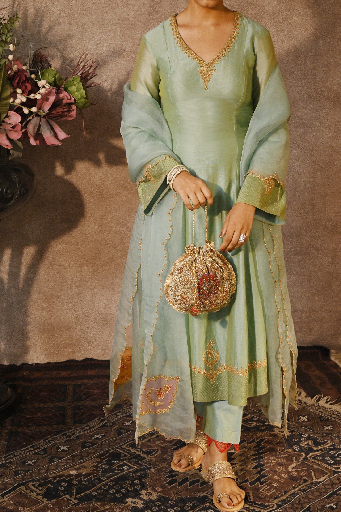 Khaki‑Maroon Naqsh Noor Potli