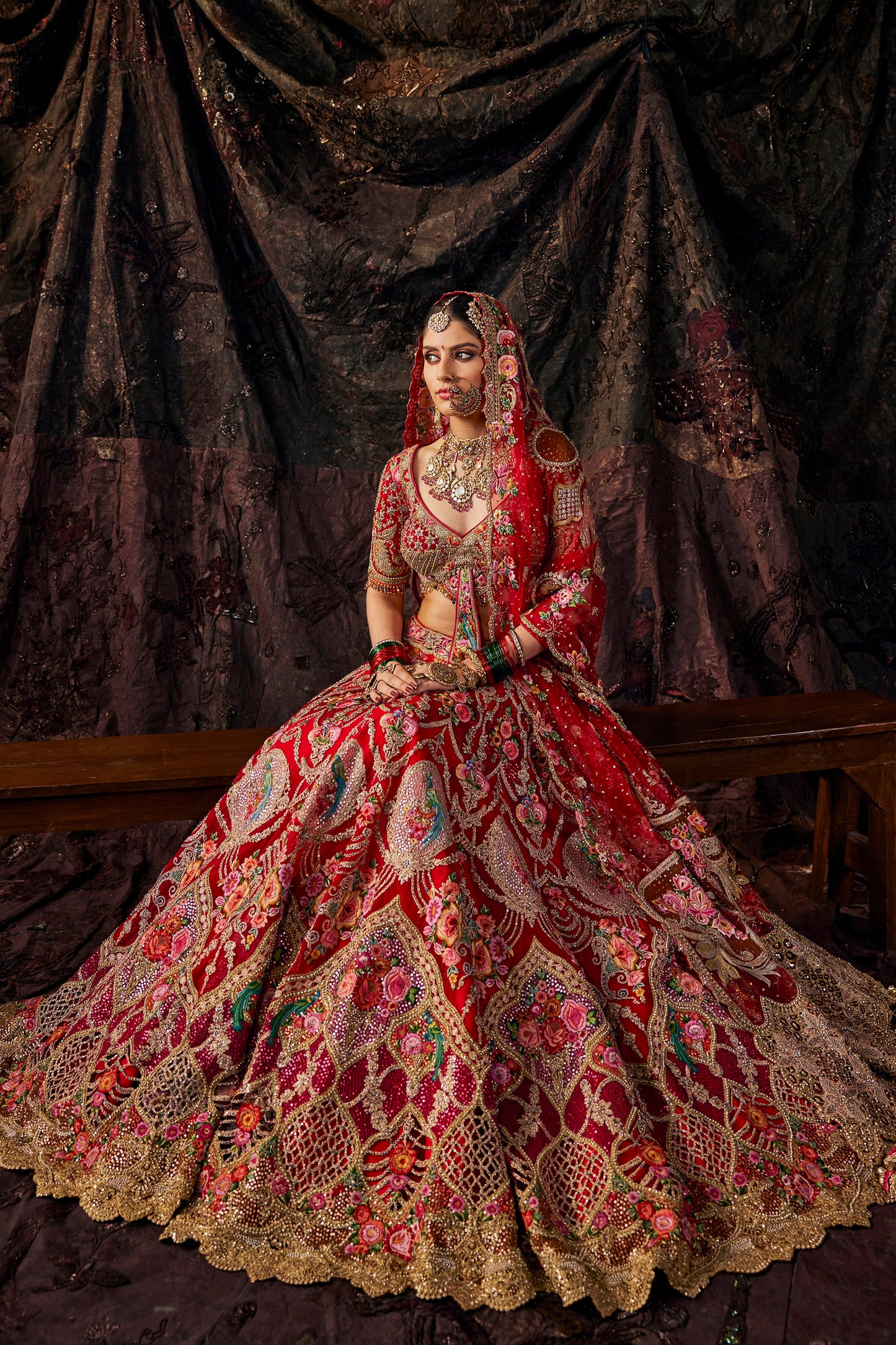 Crimson Floral Embroidered Lehenga