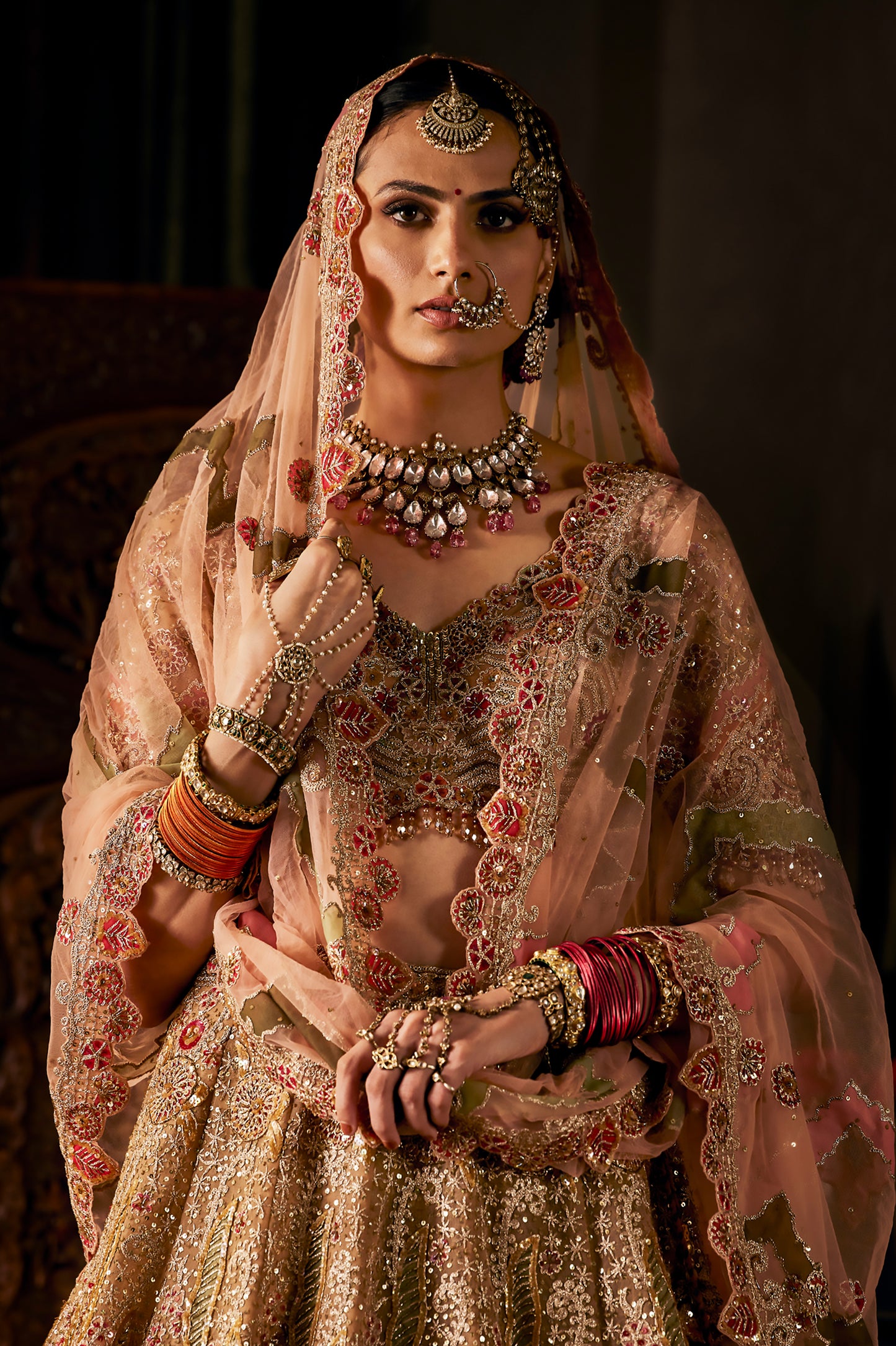 Peach Gold Tulle Lehenga