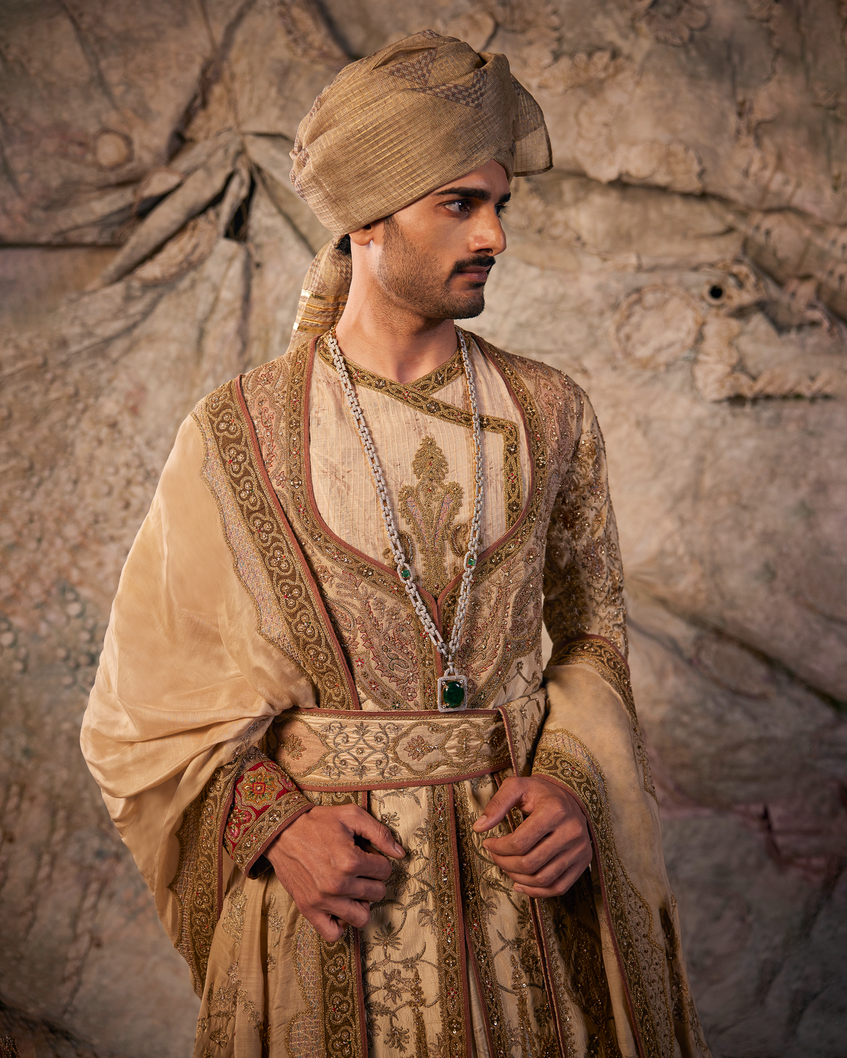 Fawn & Old Gold Embroidered Choga Set