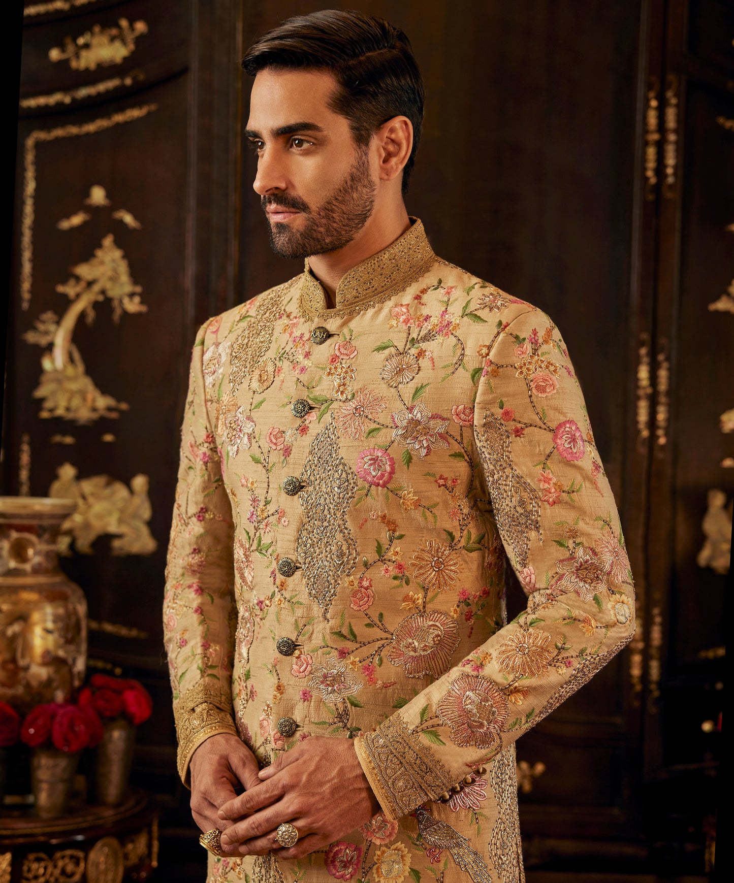 Chintz Beige Gold Sherwani