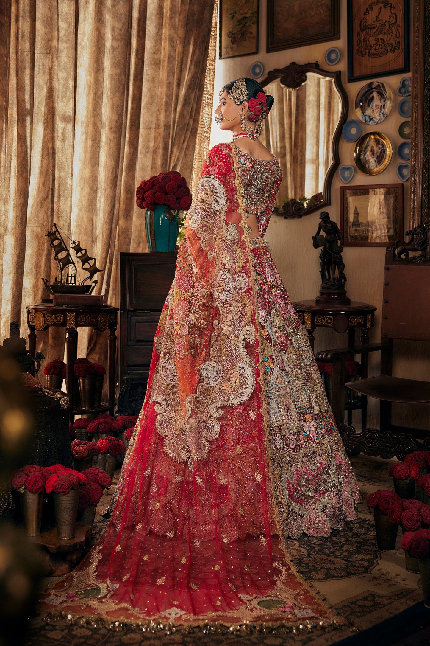 Crimson Red Cambodian Tulle Lehenga