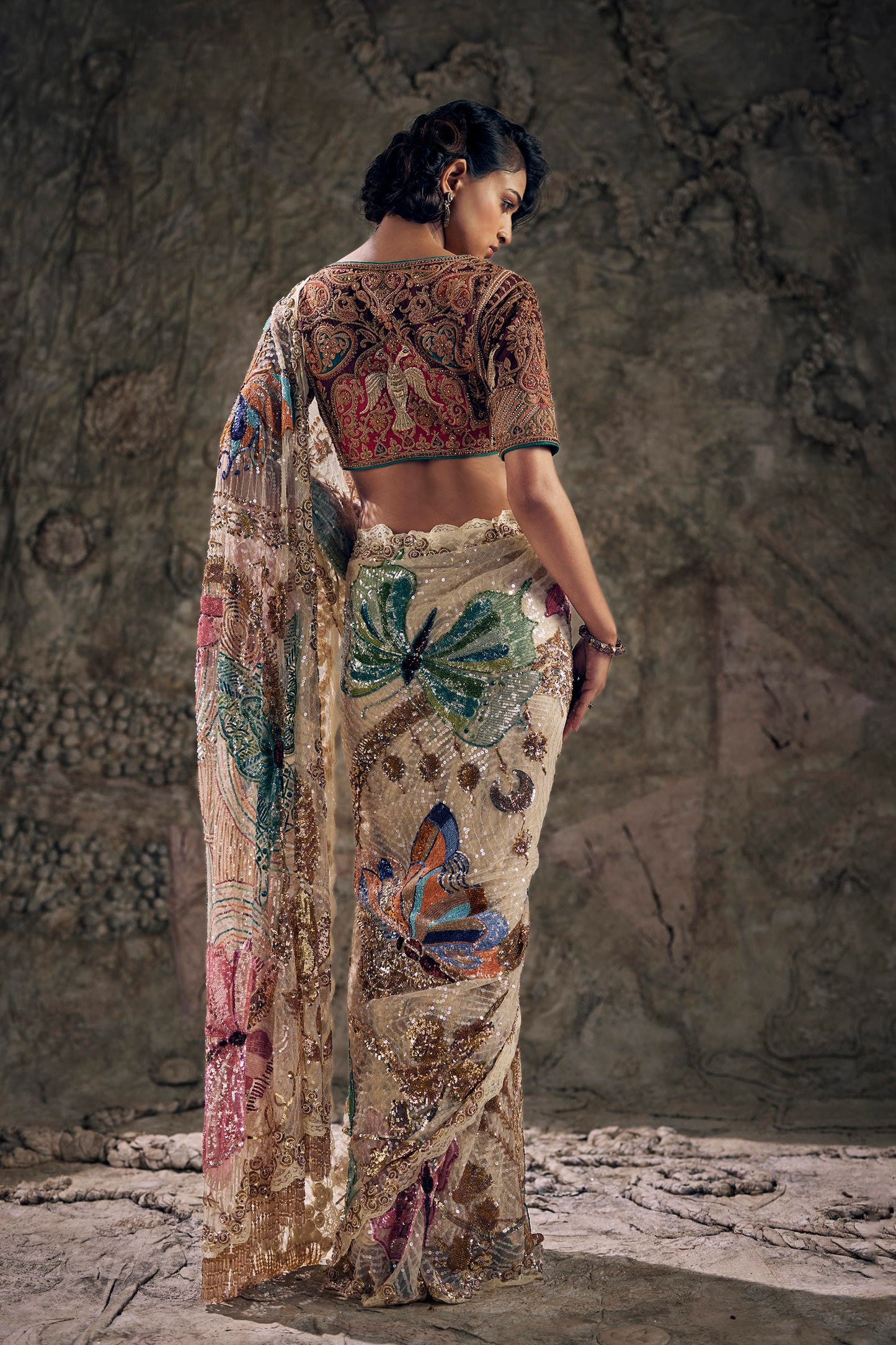 Ivory Art Deco Embroidered Tulle Saree