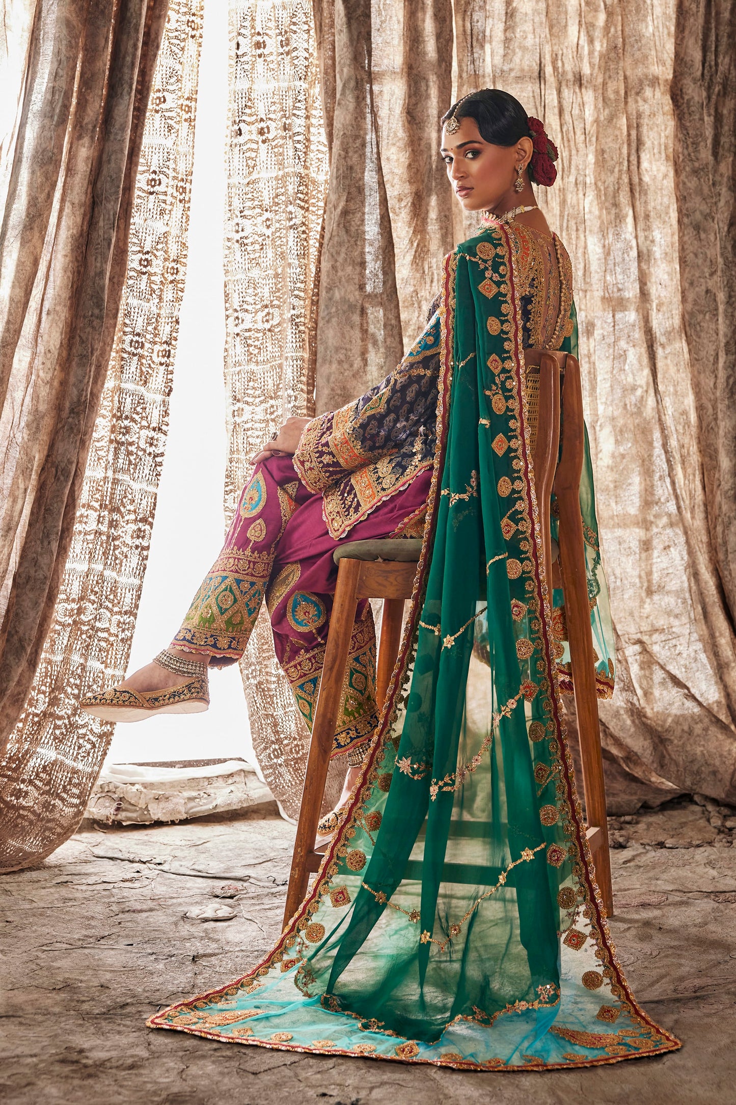 Midnight Blue & Ruby Pink Embroidered Kurti Set