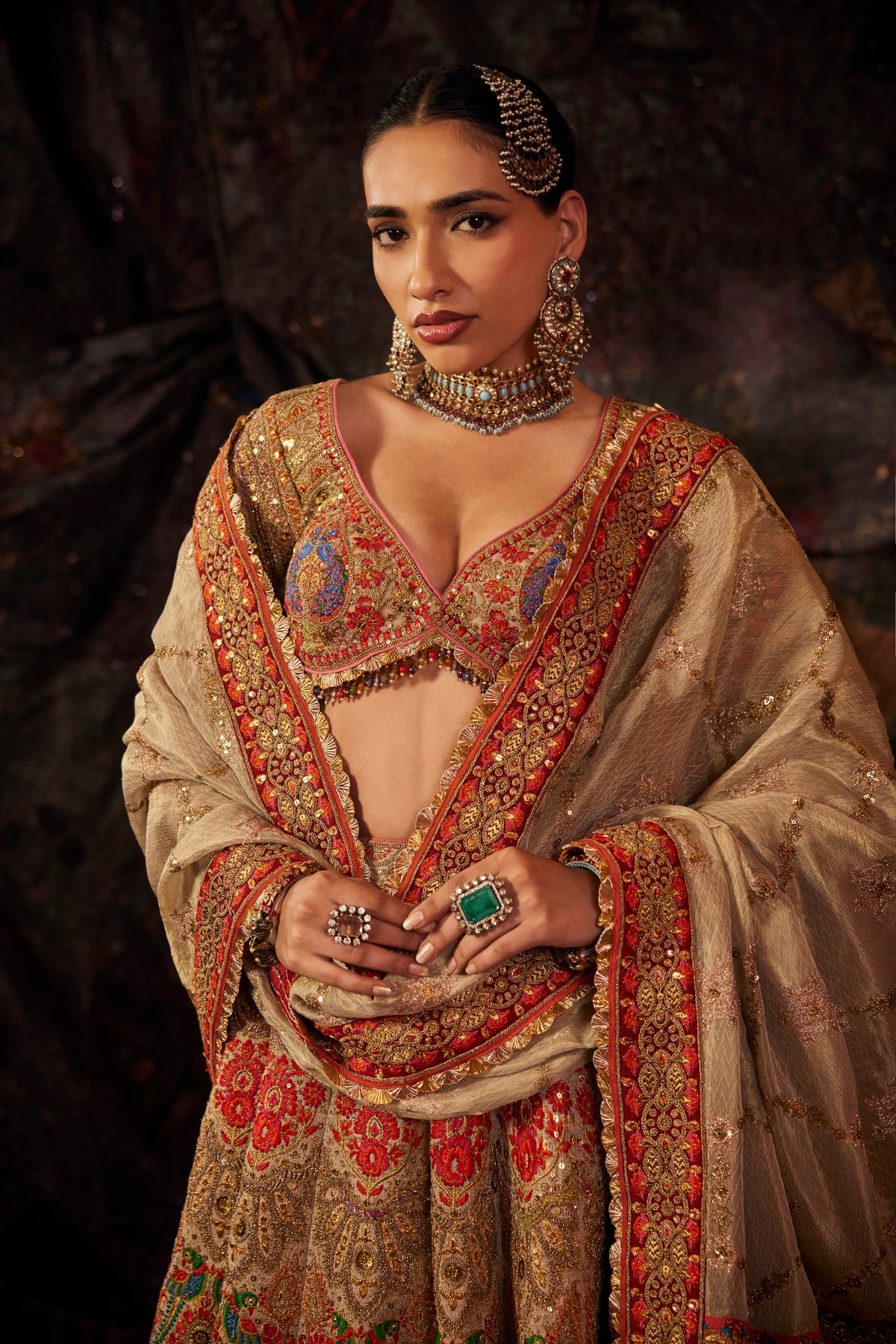 Antique Gold & Vermilion Embroidered Lehenga
