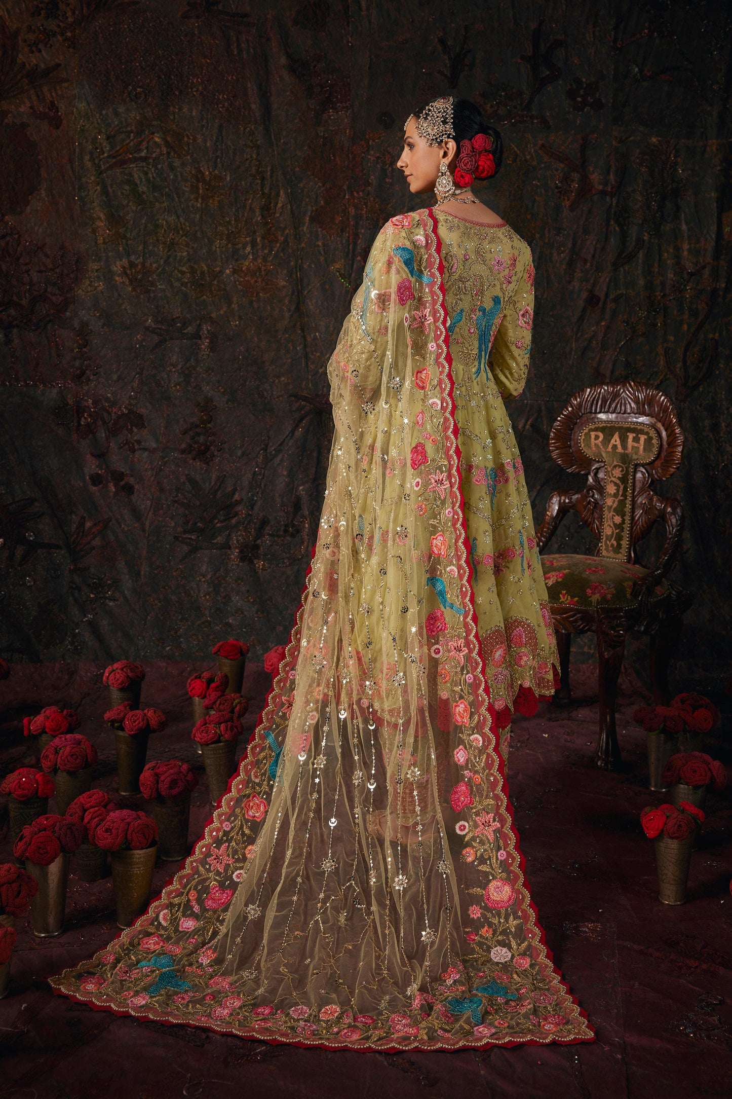 Earthy Pistachio Embroidered Kalidar Set