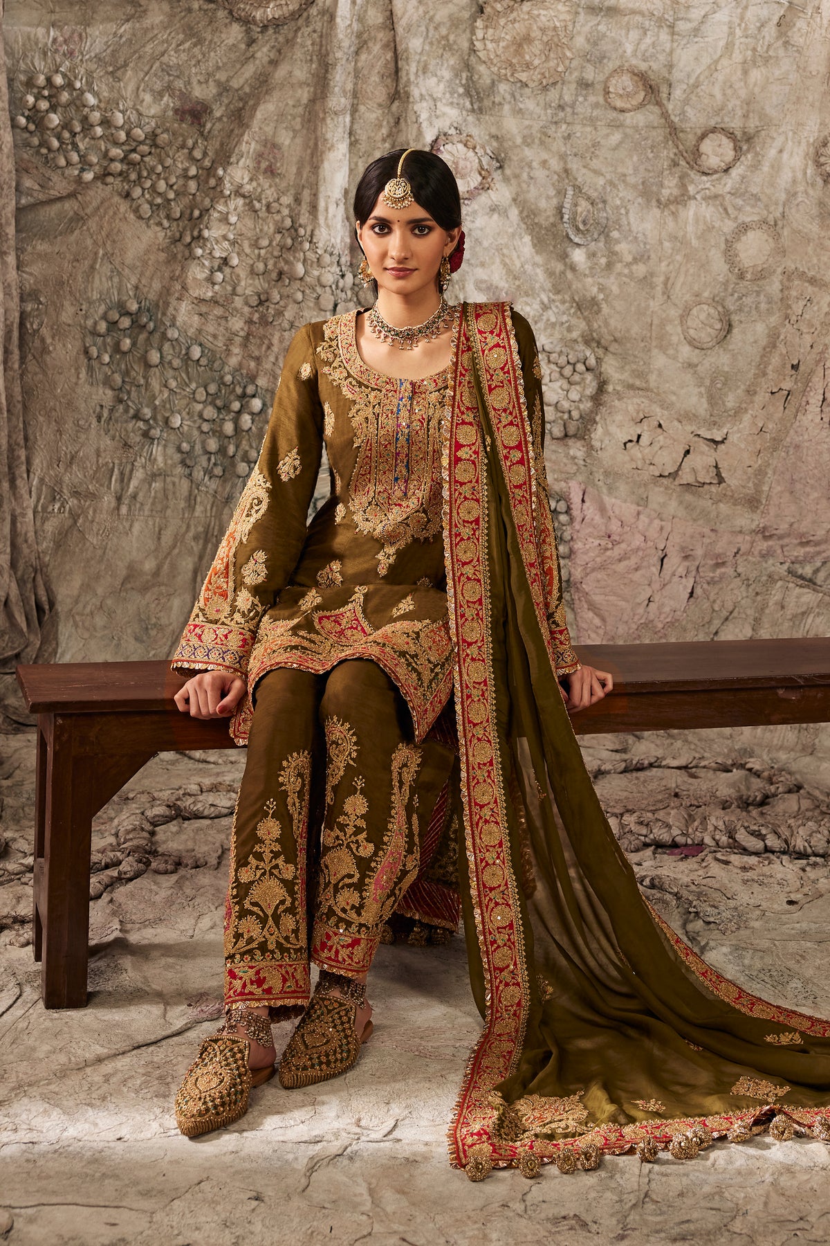 Olive Green Paisley Embroidered Kurta Set