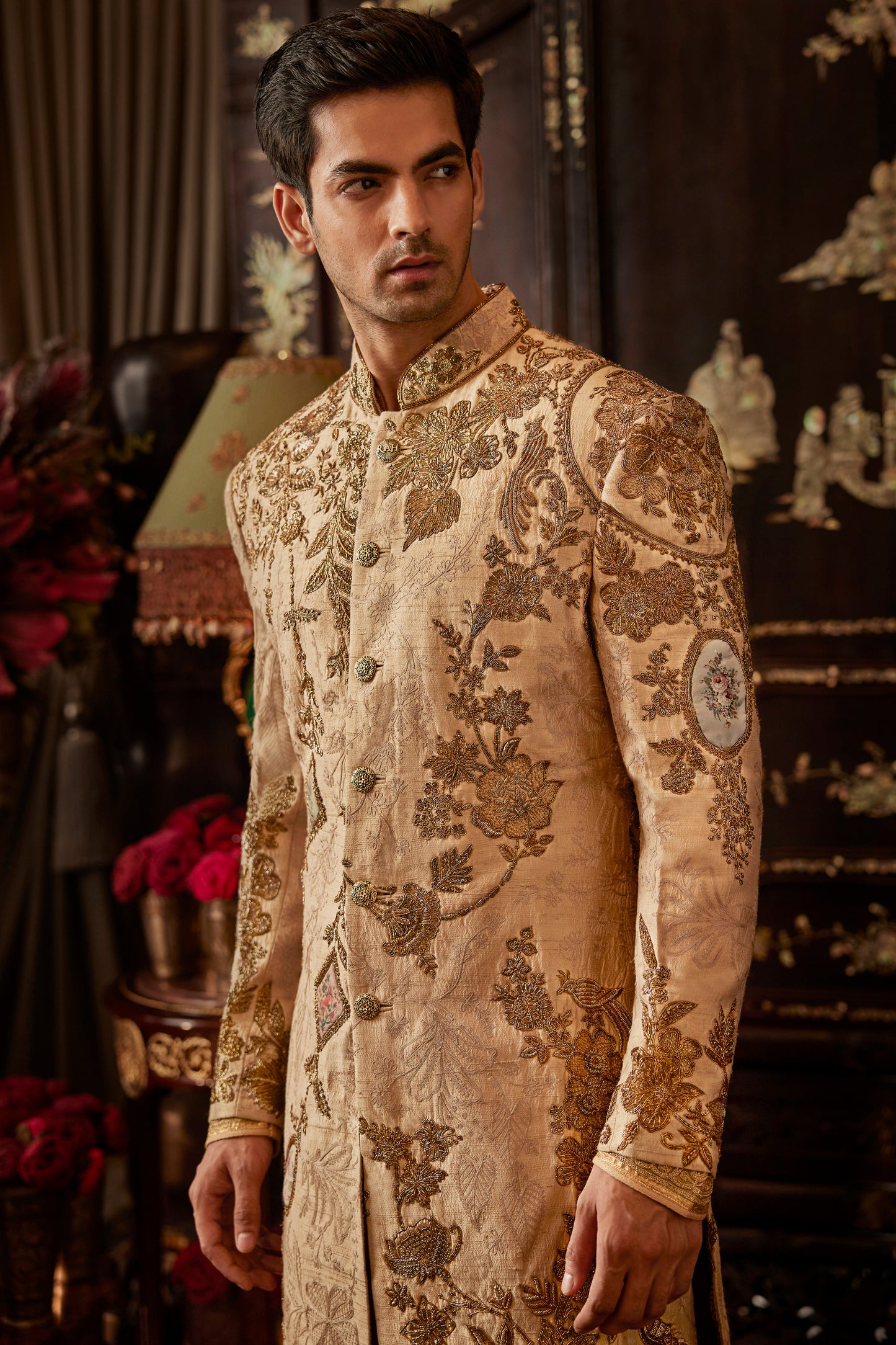 Beige Gold Silk Sherwani