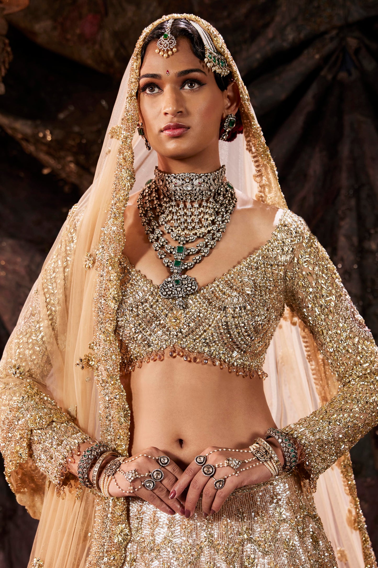 Burnished Gold Sequin Embellished Tulle Lehenga