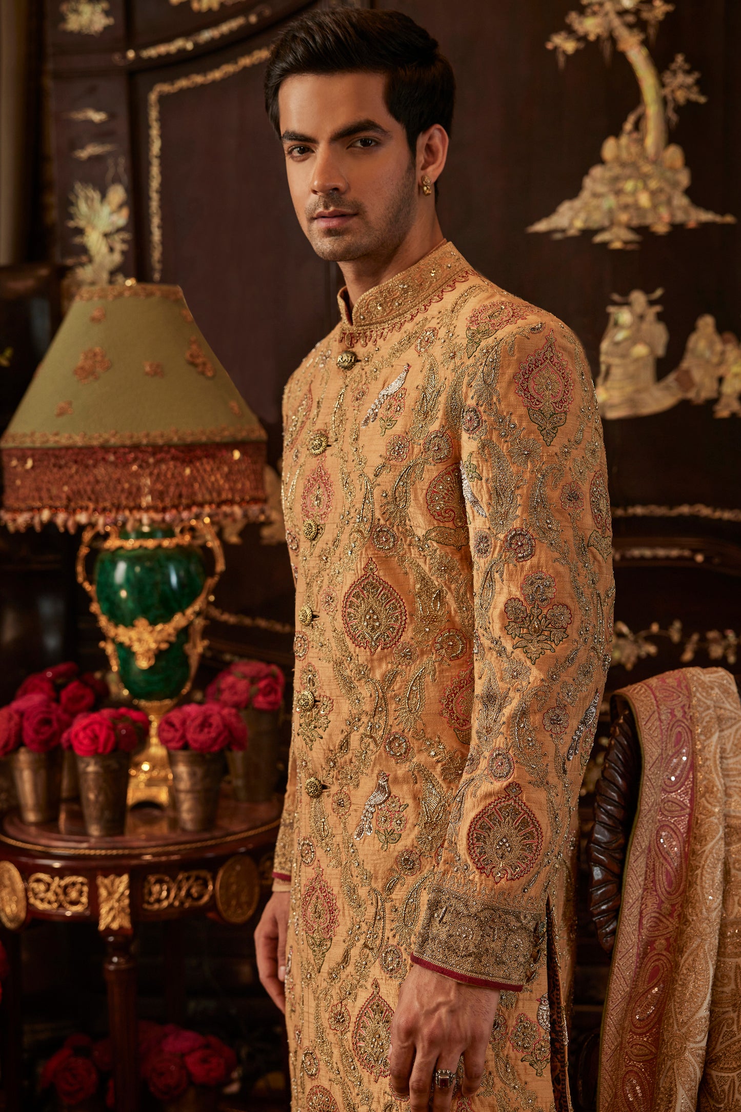 Mustard Hued Silk Sherwani