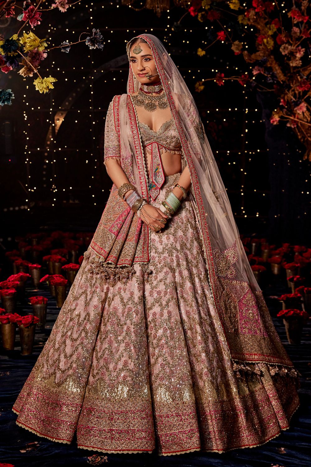 Frosted  Pink Chevron Lehenga Set