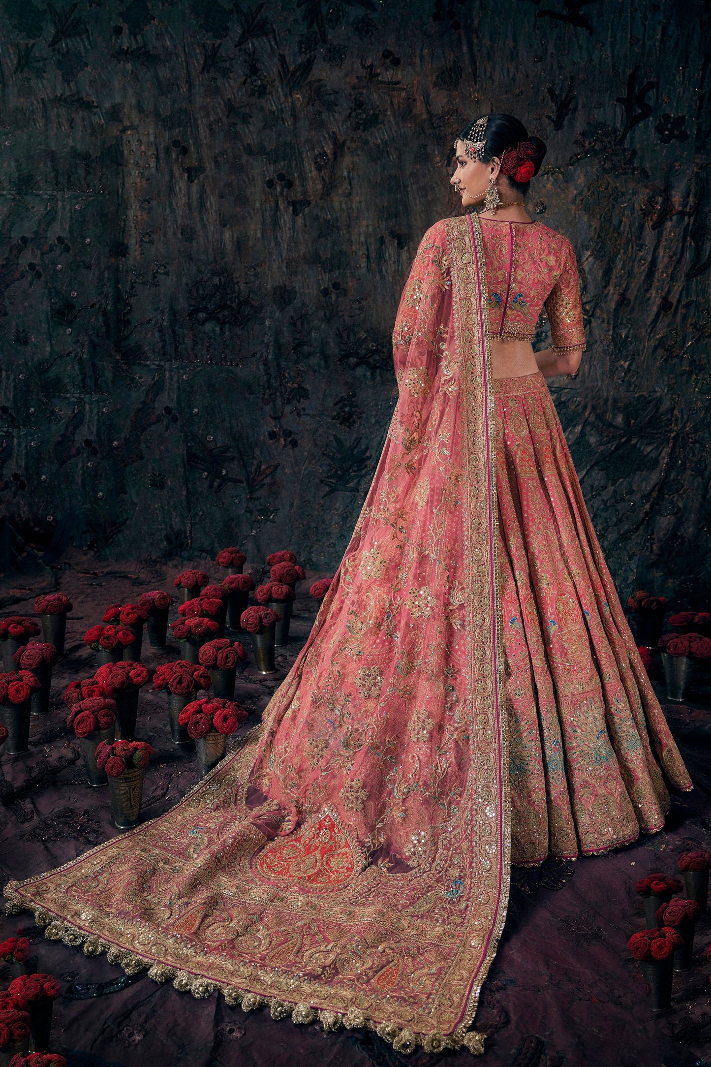 Coral Hued Embroidered Lehenga