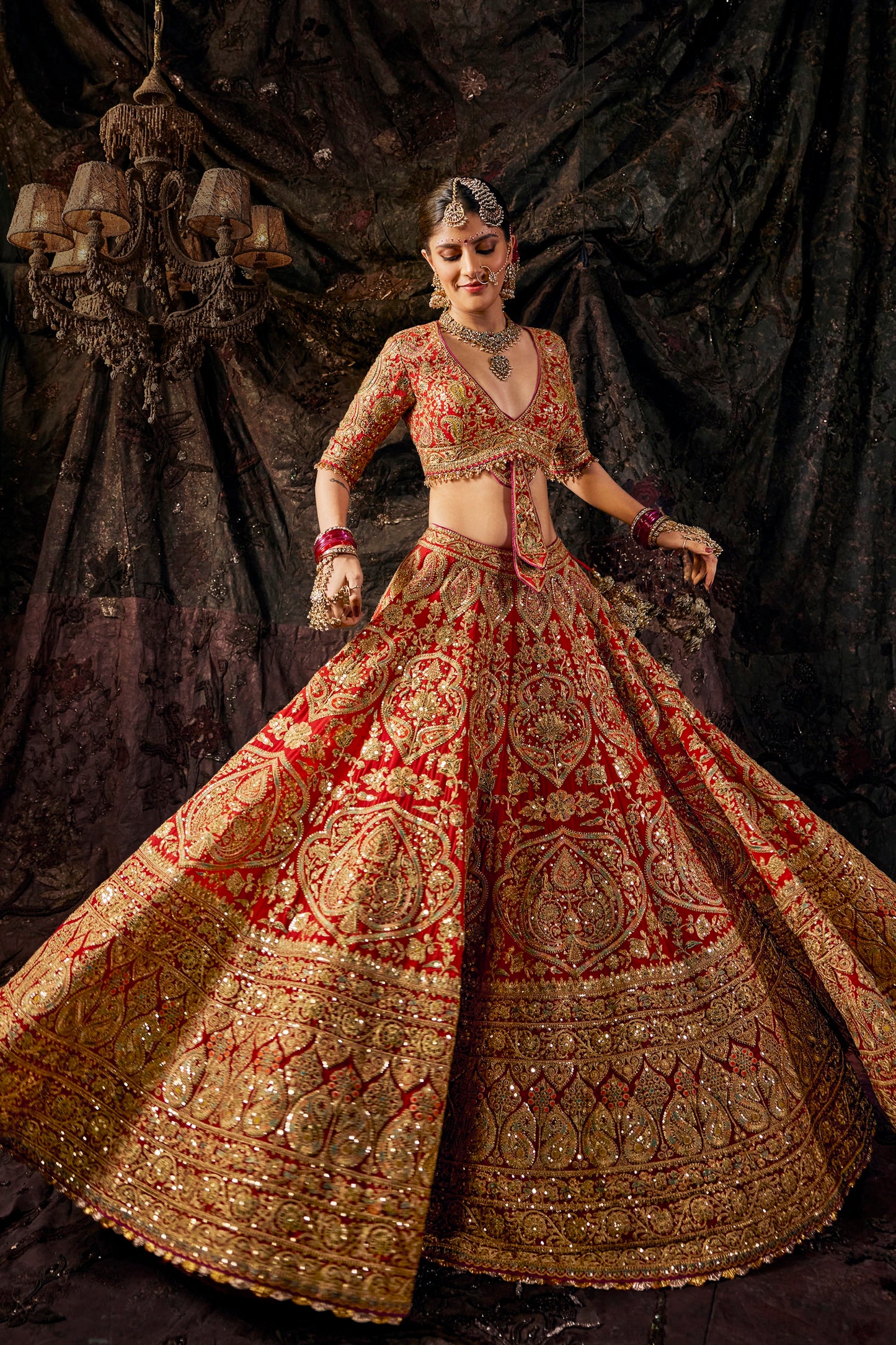 Deep Red Embroidered Georgette Lehenga