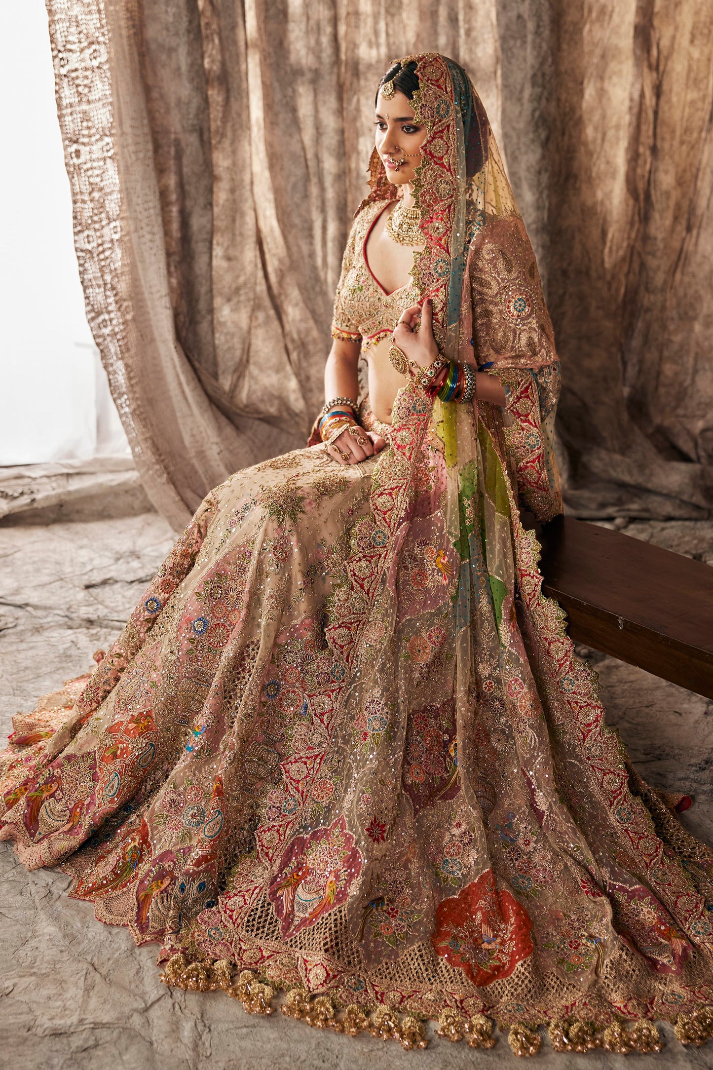 Ivory Mughal-Inspired Embroidered Tulle Lehenga
