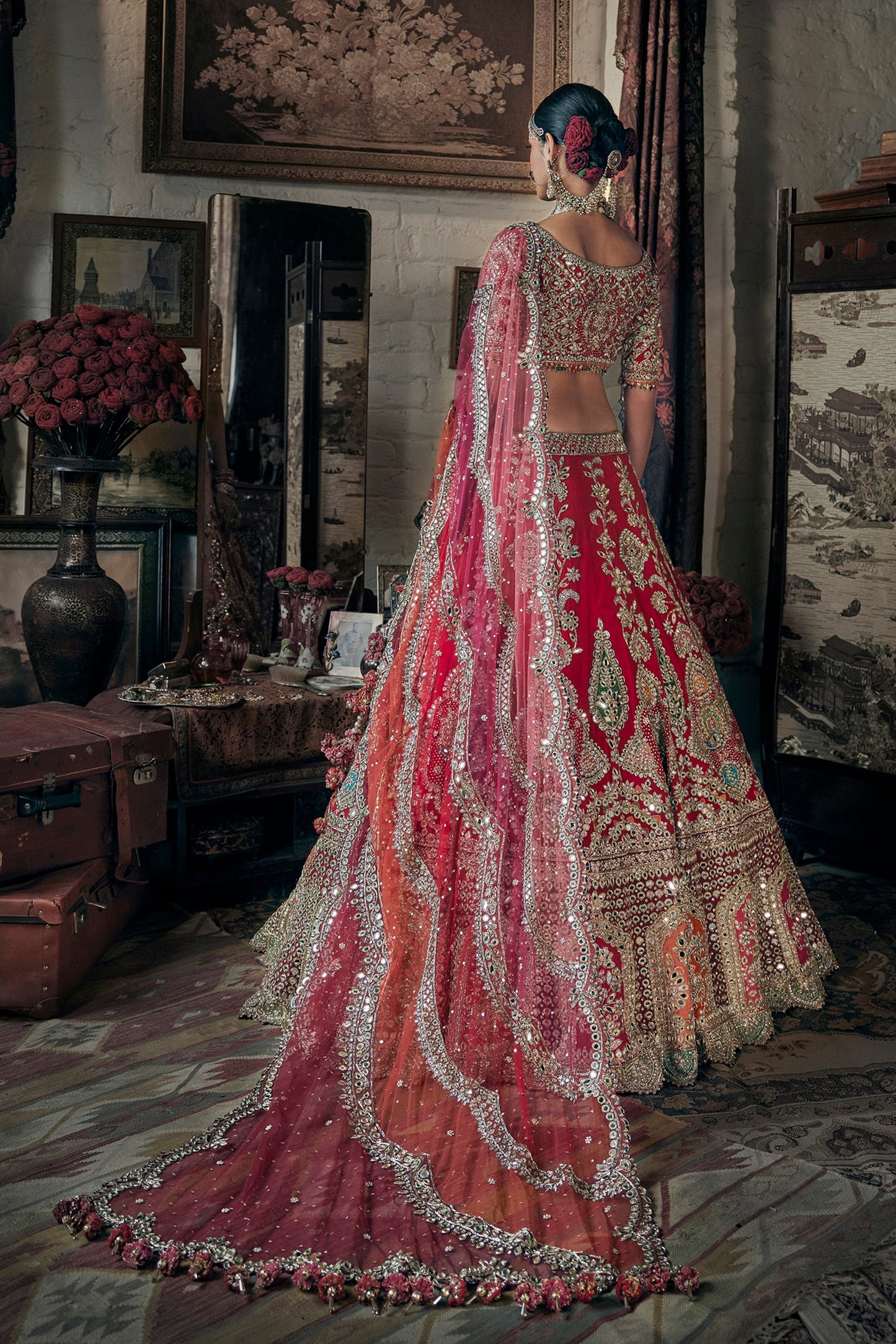 Vivid Red Embroidered Lehenga