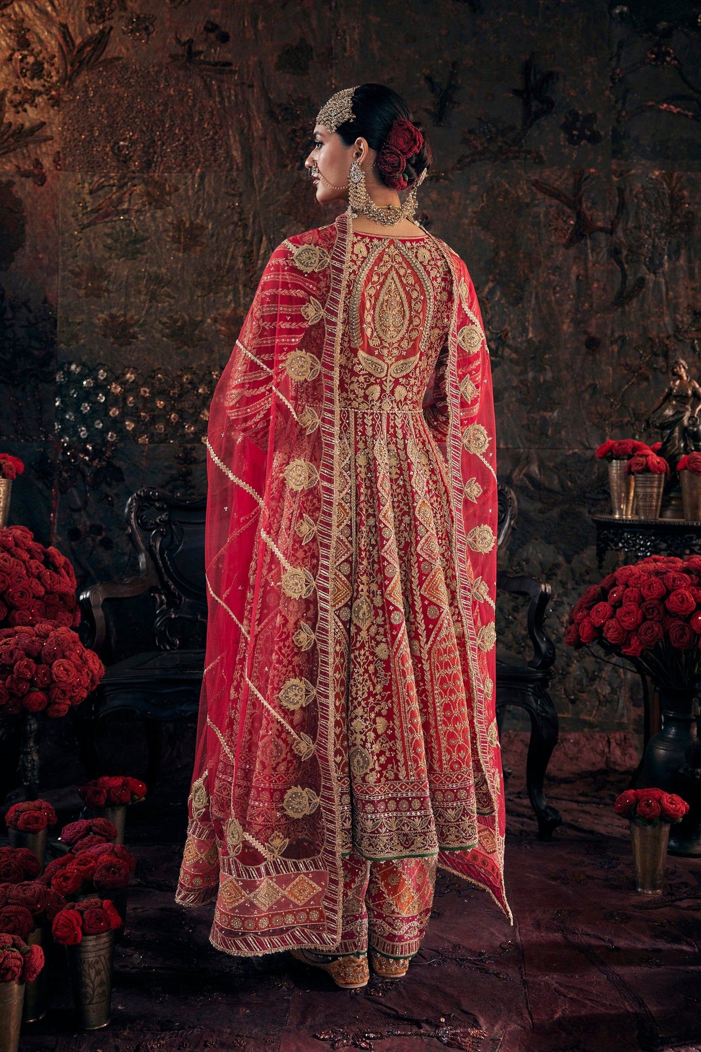 Scarlet Red Embroidered Kalidar Set