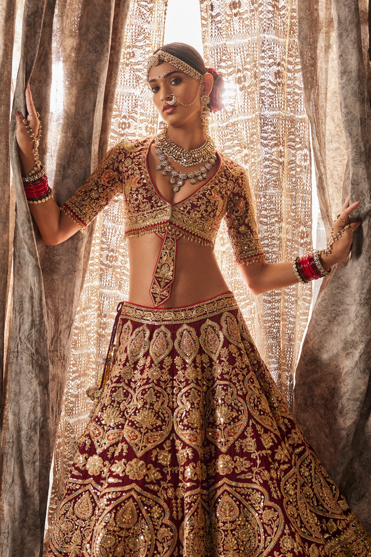 Maroon Embroidered Georgette Lehenga
