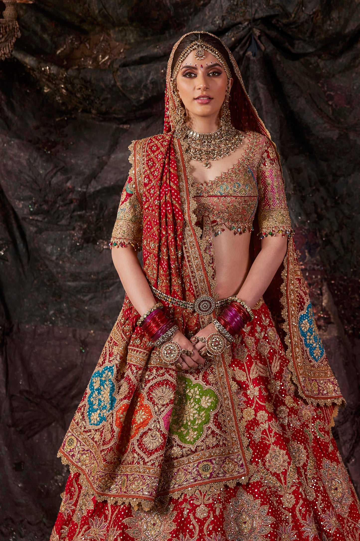 Deep Red Floral Embroidered Lehenga