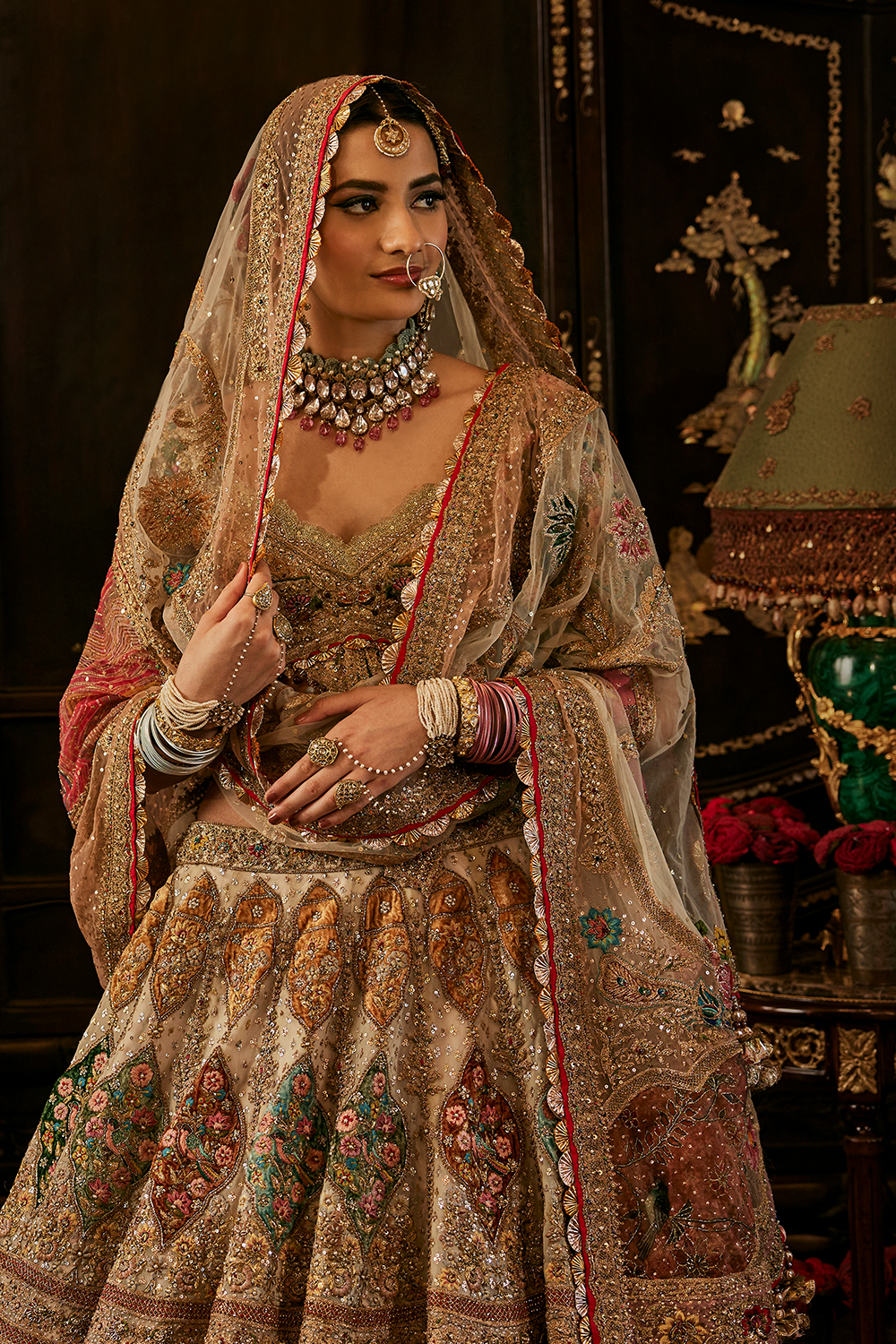 Ivory Mughal Minitature Lehenga