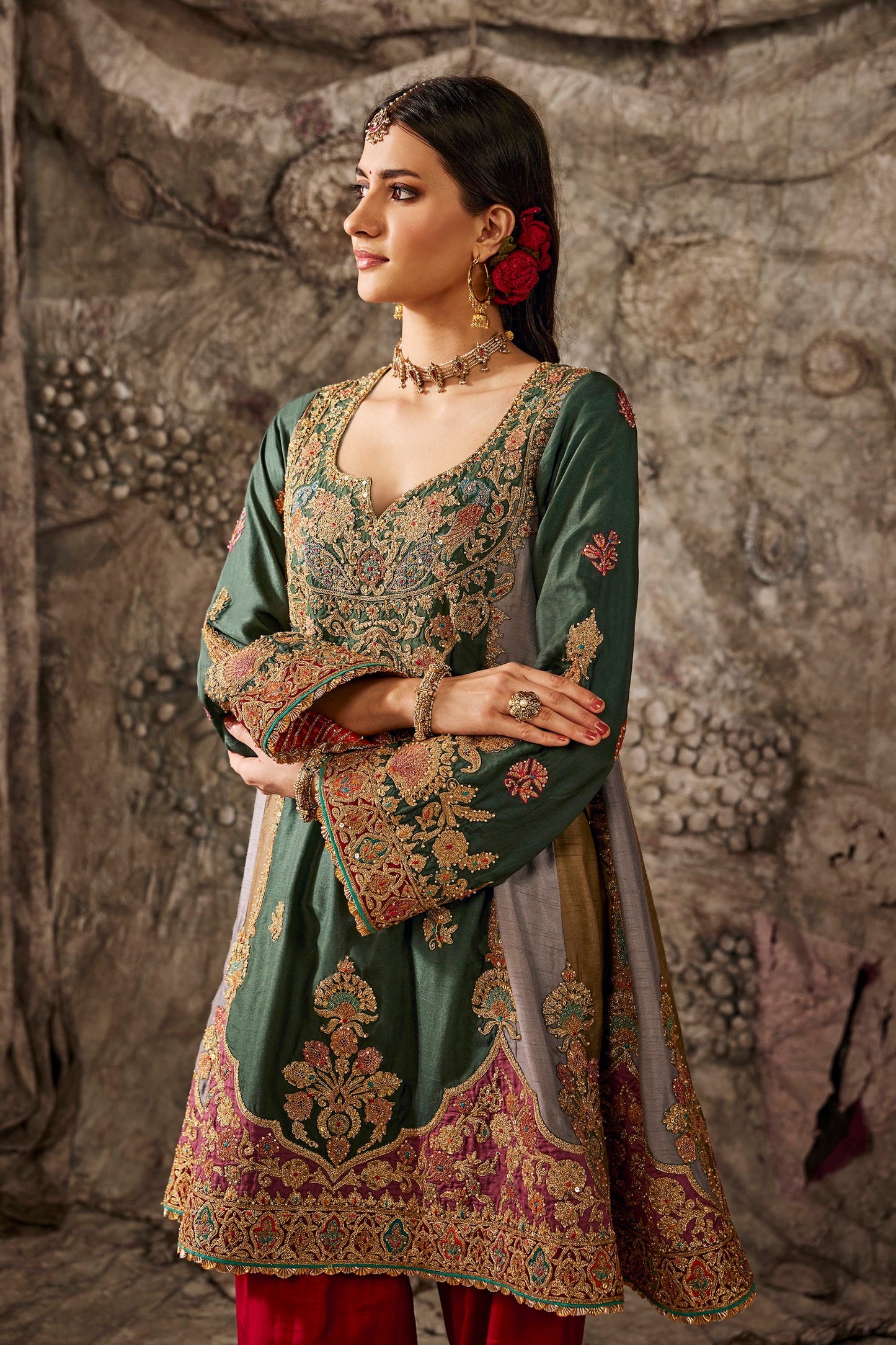 Teal Green Embroidered Flared Kurta Set